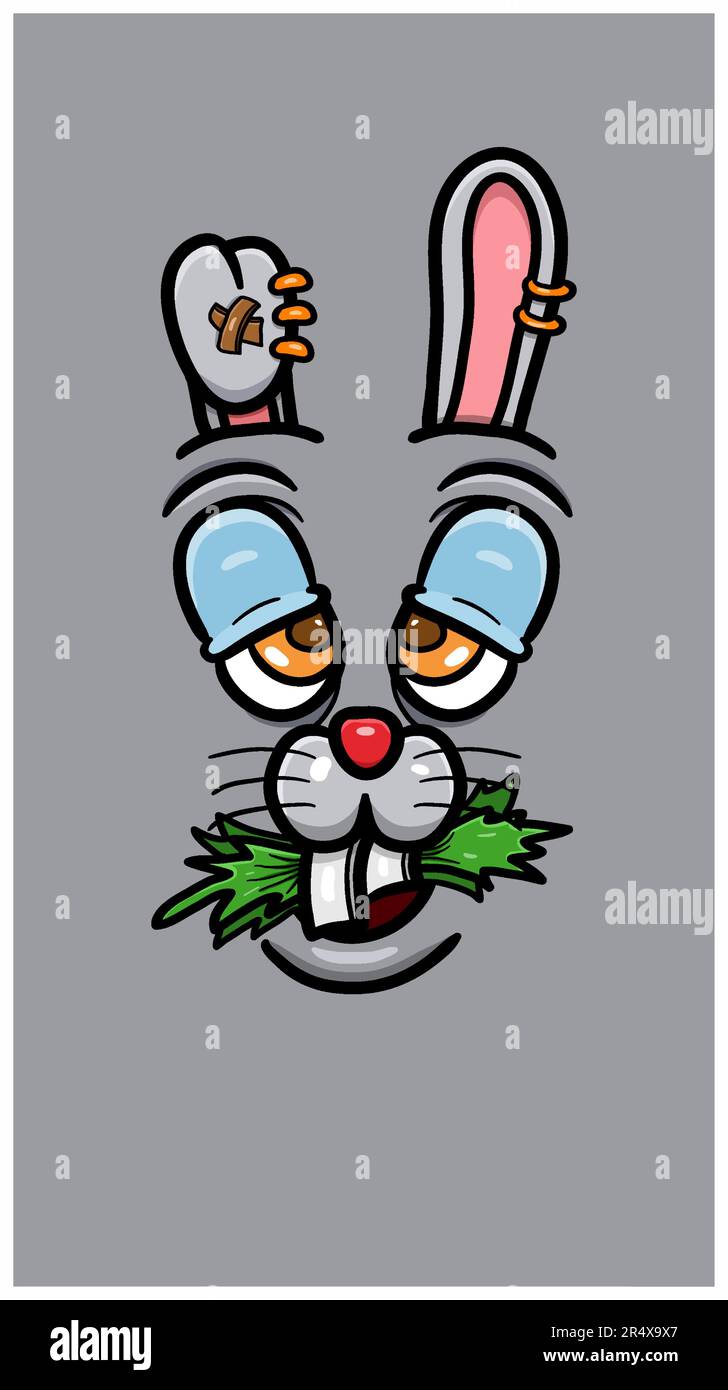 Cute Doodle coniglio faccia con Doodle Expression Eat Marijuana. Sfondo poster vettoriale. Vettore e illustrazione. Illustrazione Vettoriale
