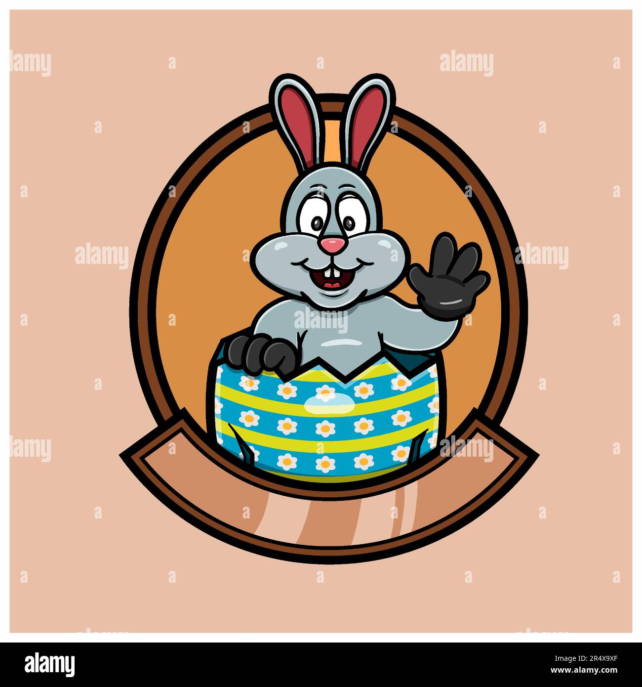 Mascotte coniglio Cartoon su uova Logo. Tema di buona Pasqua. Vettore e illustrazione Illustrazione Vettoriale