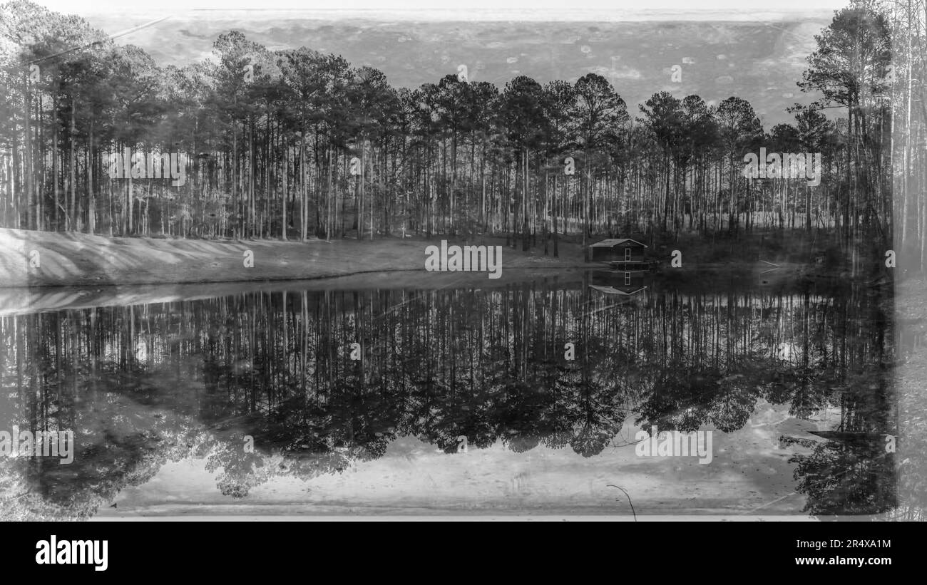 Paesaggio scenico di alberi riflessione in acque calme del lago per risorse grafiche PowerPoint slide template sfondo Foto Stock