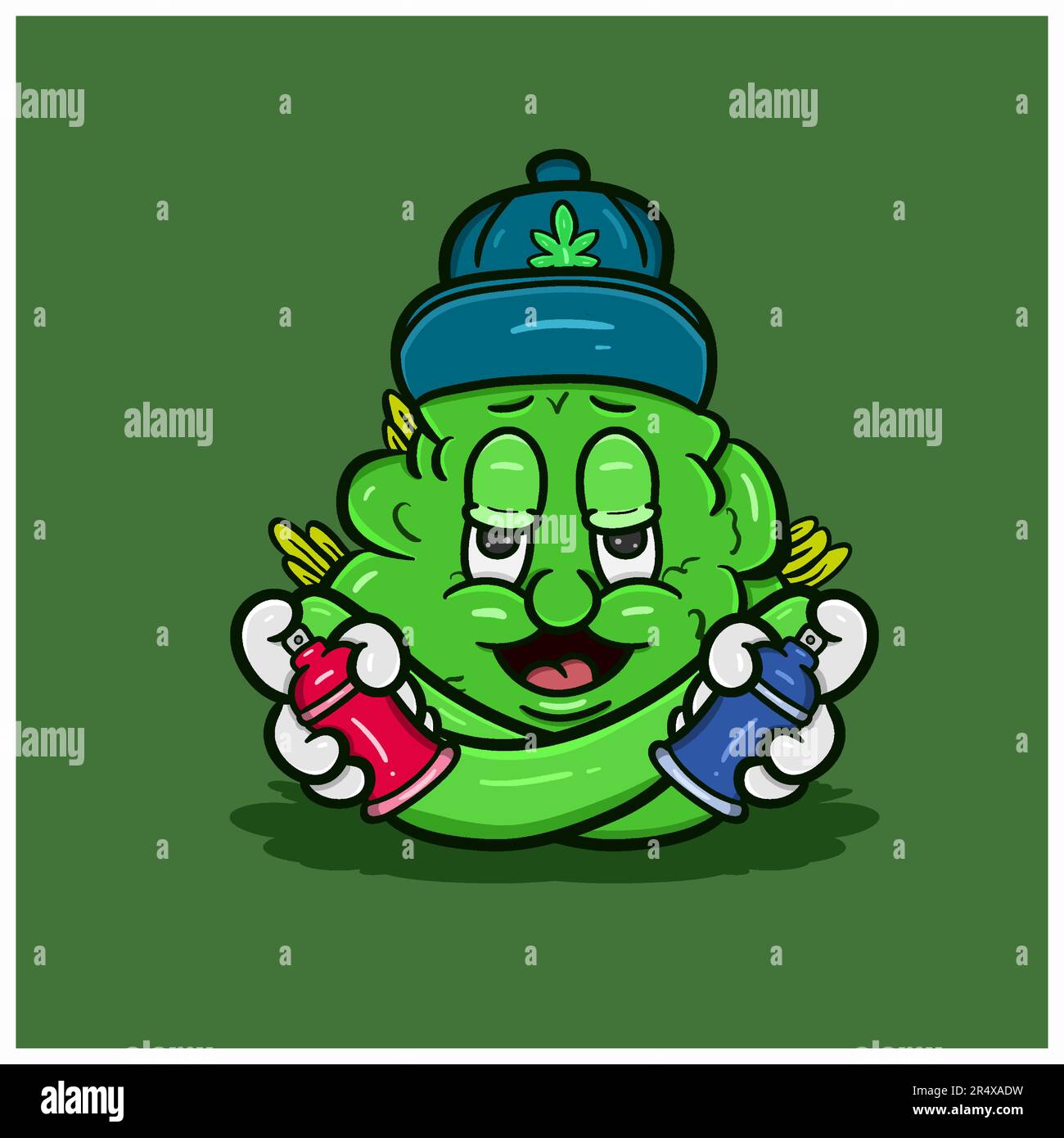 Cartoon Mascot di Weed Bud con vernice spray. Vettore e illustrazione Illustrazione Vettoriale