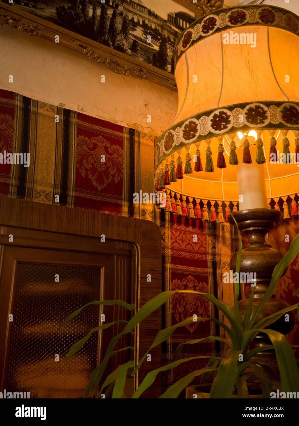 Dettaglio dell'interno di una sala da tè del XX secolo con lampada da tavolo, carta da parati decorata e una pianta interna; Wroclaw, Polonia Foto Stock