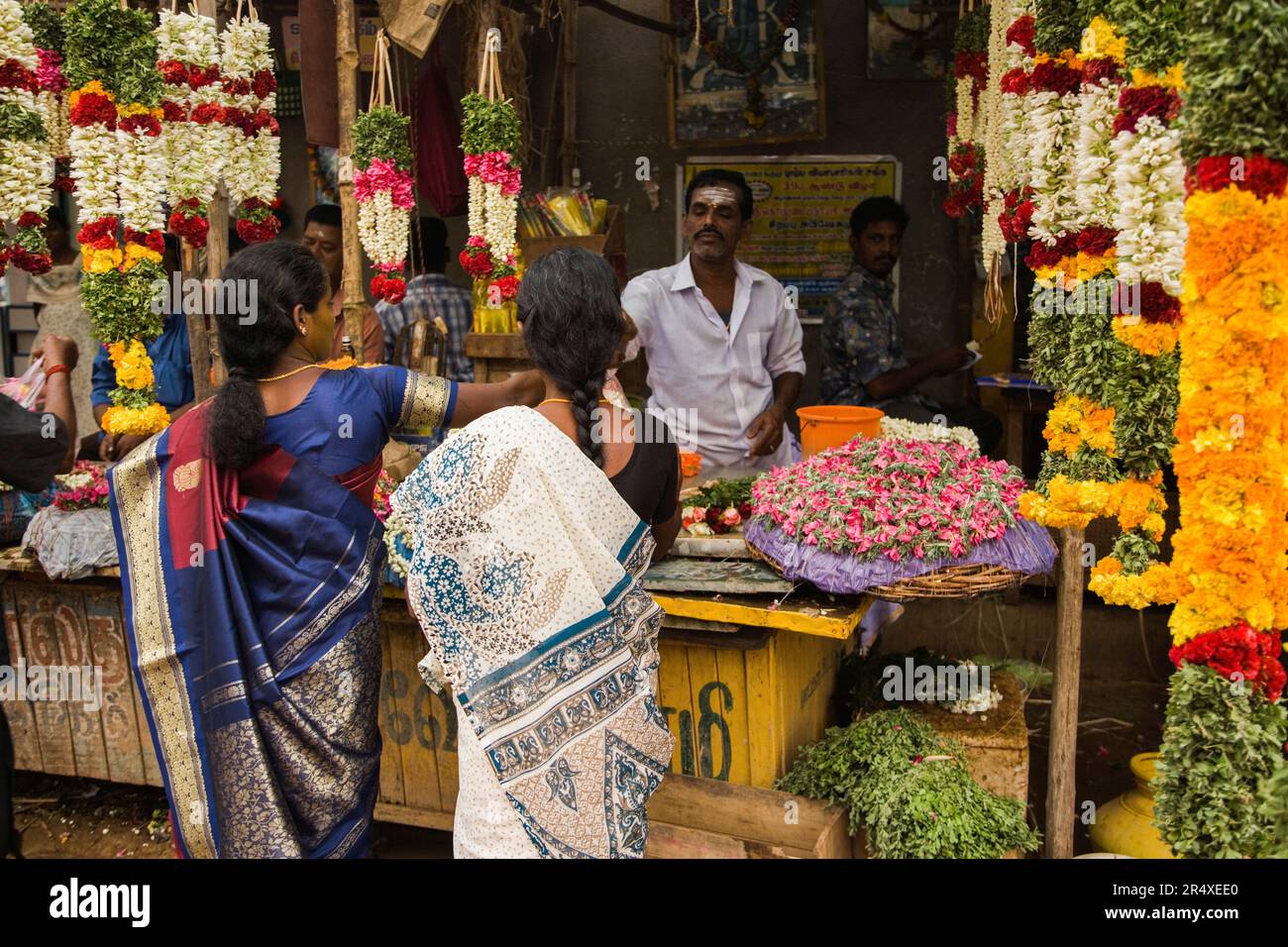 Donne che fanno shopping in un mercato di Karaikudi; Karaikudi, Chettinad, Tamil Nadu, India Foto Stock