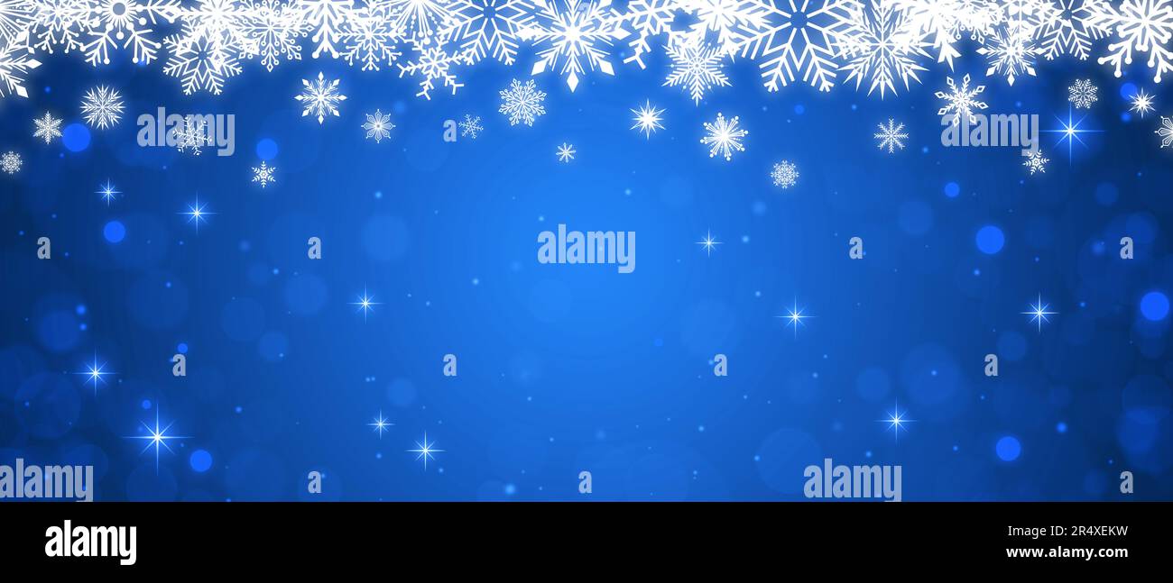 Fiocchi di neve bianchi incorniciano su sfondo blu sfumato con bokeh e scintille. Capodanno festivo e banner di Natale Foto Stock