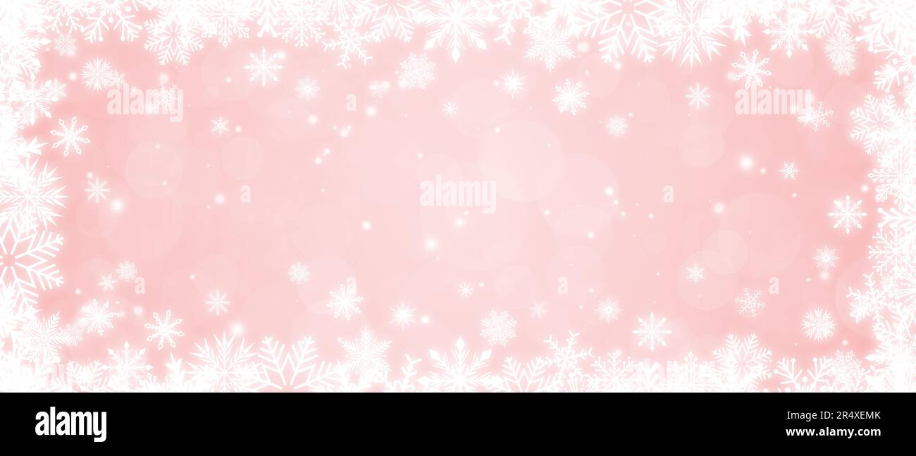 Cornice bianca brillante con fiocchi di neve su un morbido sfondo rosa bokeh. Banner natalizio Foto Stock