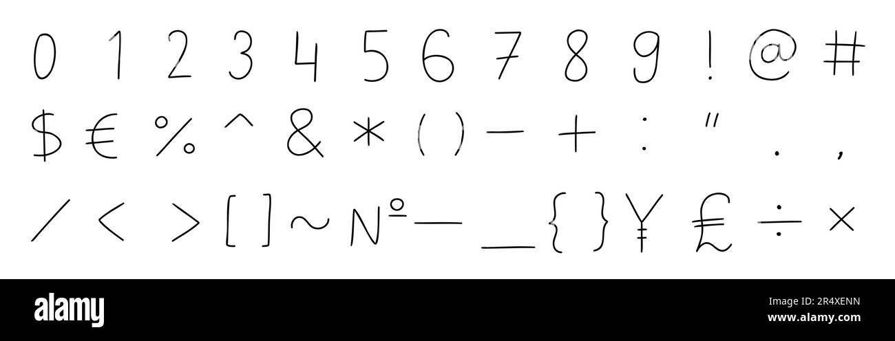 Caratteri speciali per simboli e segni matematici e altri simboli e segni scritti a mano in nero da 0 a 9. Illustrazione vettoriale in stile fumetto disegnato a mano isolato su Whi Illustrazione Vettoriale