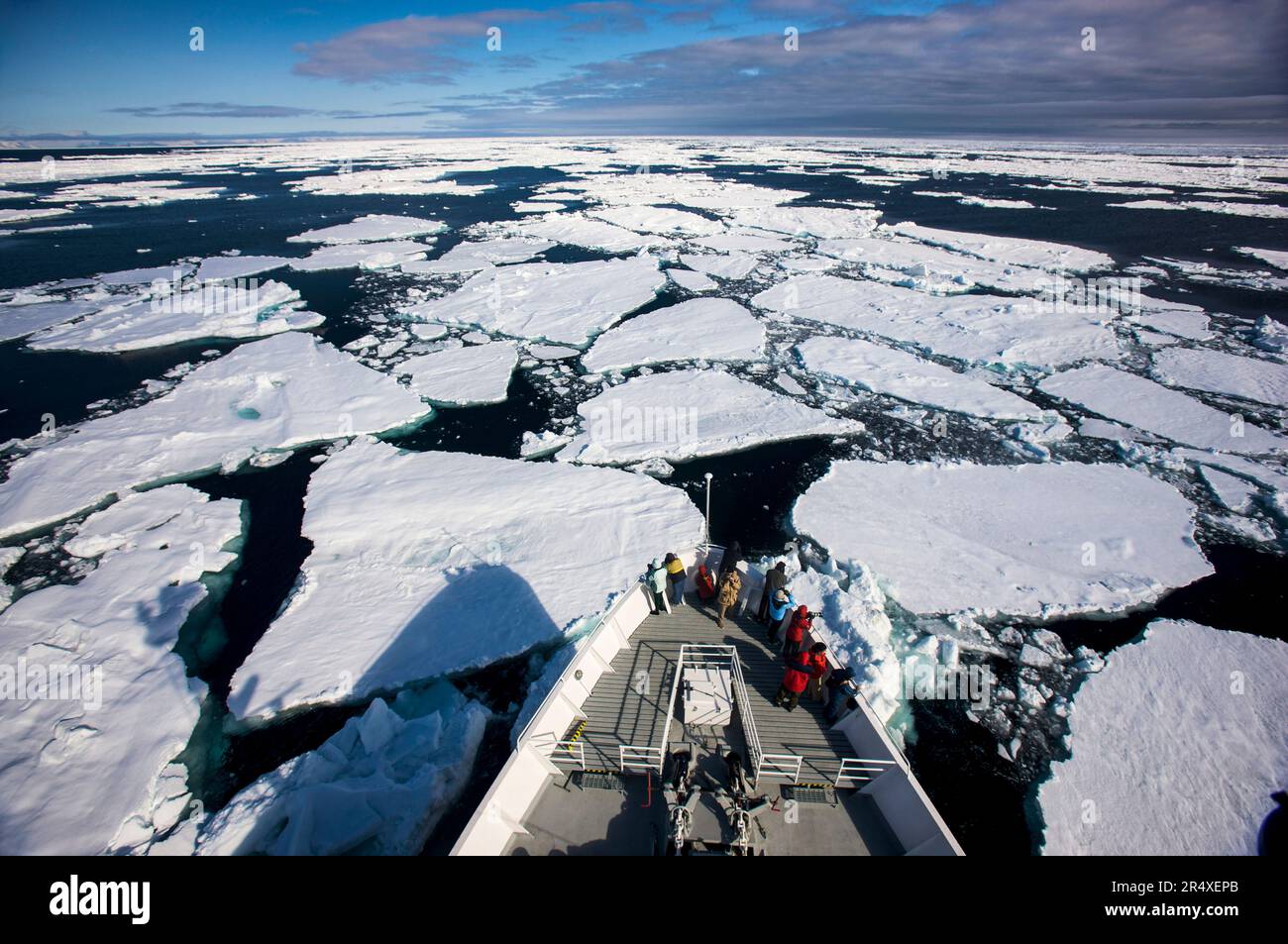 La nave da crociera scivola attraverso il ghiaccio rotto; Storfjorden, Norvegia Foto Stock