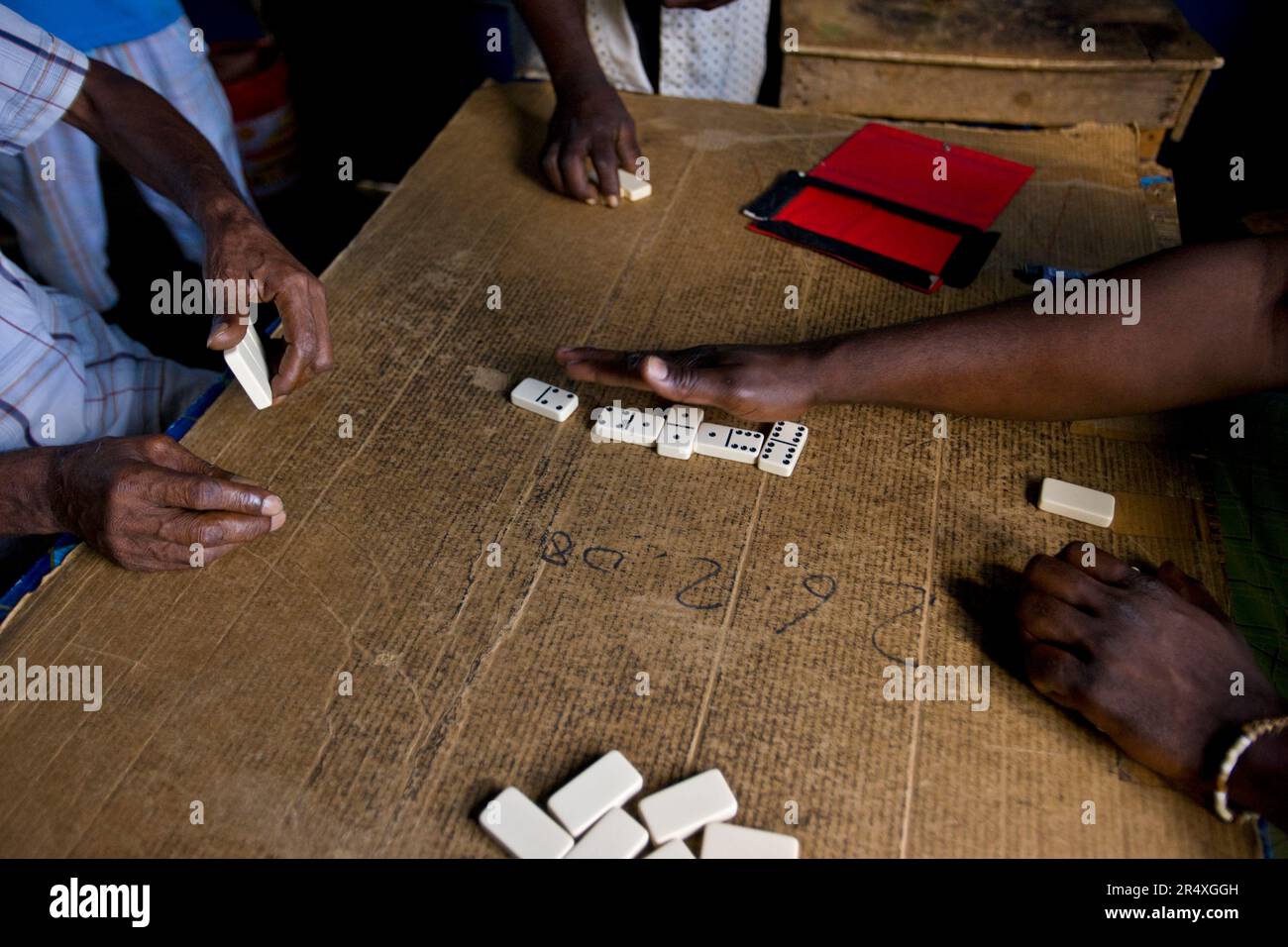 Gli uomini giocano a domino su una superficie di cartone: Flagstaff, Giamaica, Indie occidentali Foto Stock
