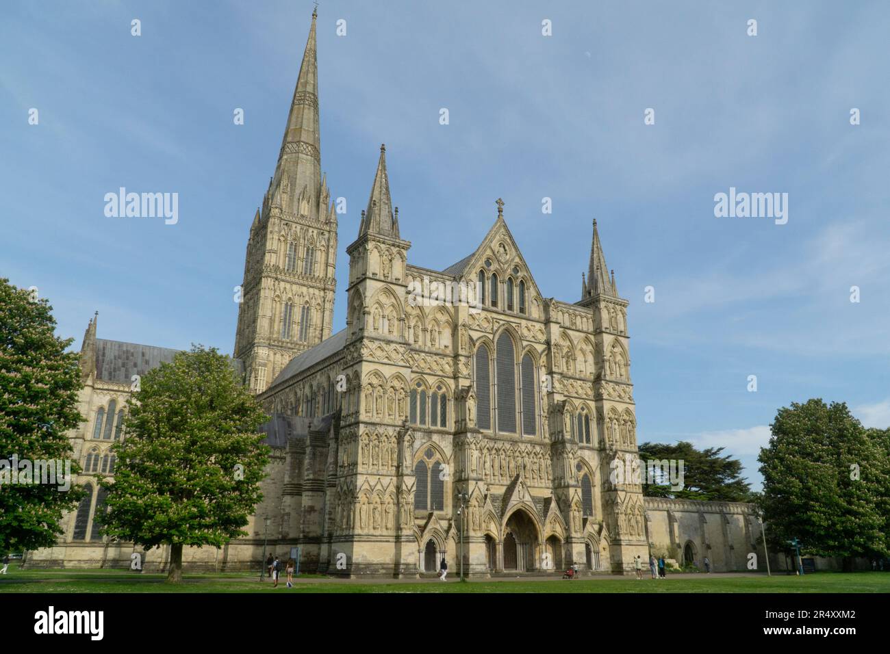 Salisbury Cattedrale nel tardo pomeriggio sole. Costruito tra il 1220 e il 1238, è noto per la sua guglia di 404 piedi (123m piedi). Anna Watson/Alamy Foto Stock
