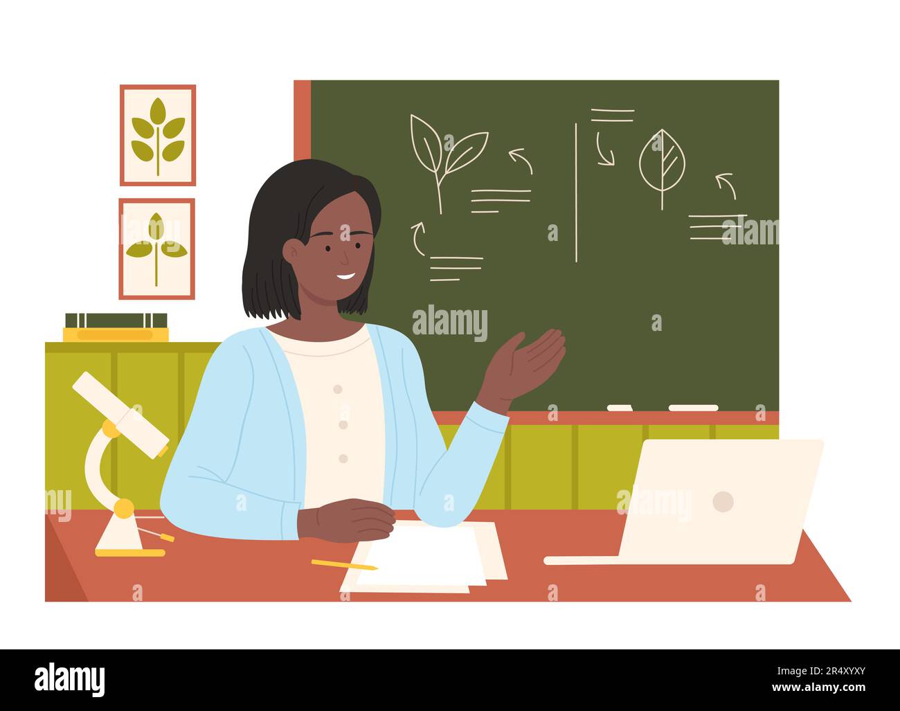 Cartoon donna formazione studenti di scuola, college o università su lezione, professoressa di insegnamento e di spiegazione a lavagna. Insegnante in piedi alla lavagna nella figura vettoriale della classe. Illustrazione Vettoriale