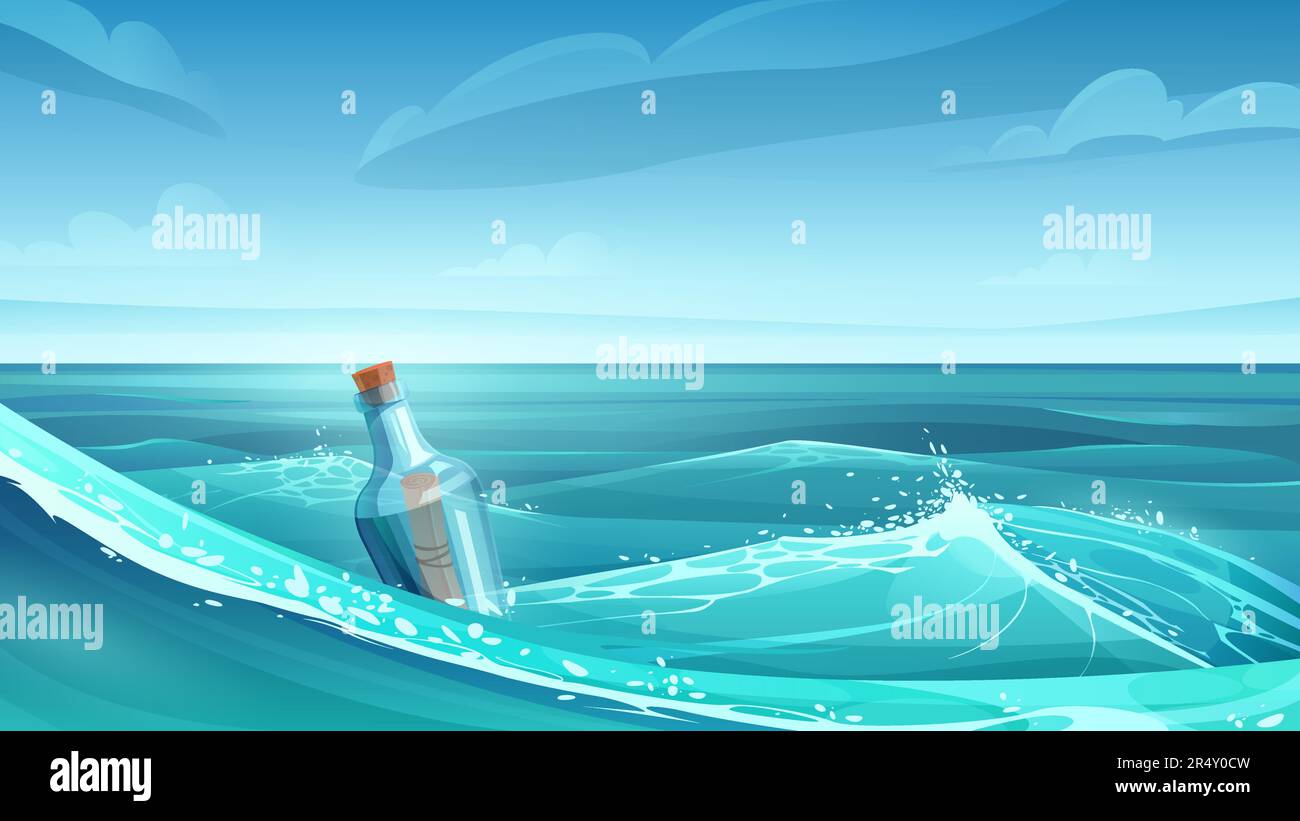 Scenario di cartone animato di tropici, messaggio di speranza di carta o mappa di scorrimento del tesoro pirata all'interno bottiglia in acqua. Paesaggio marino tropicale con illustrazione vettoriale in bottiglia di vetro Illustrazione Vettoriale