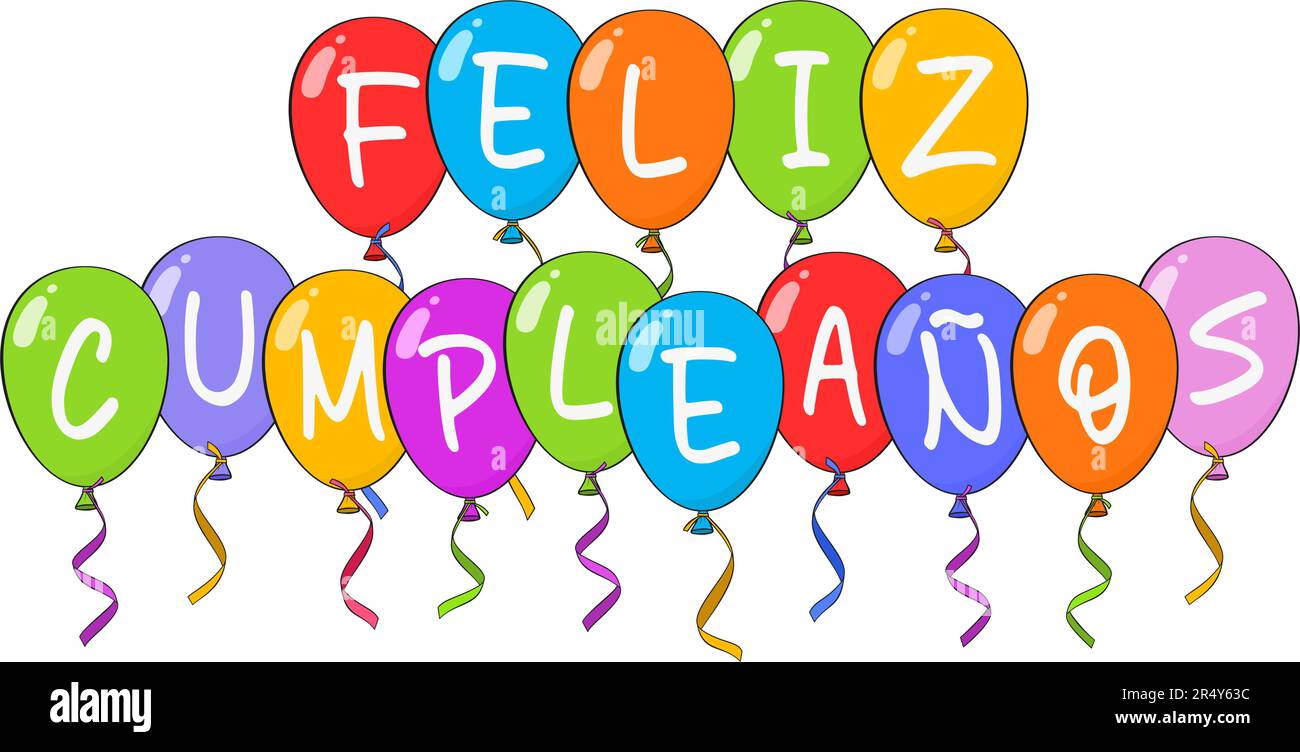 Scritta Happy Birthday in portoghese (Feliz aniversário) con palloncini colorati. Cartone animato. Illustrazione vettoriale. Isolato su fondo bianco gr Illustrazione Vettoriale