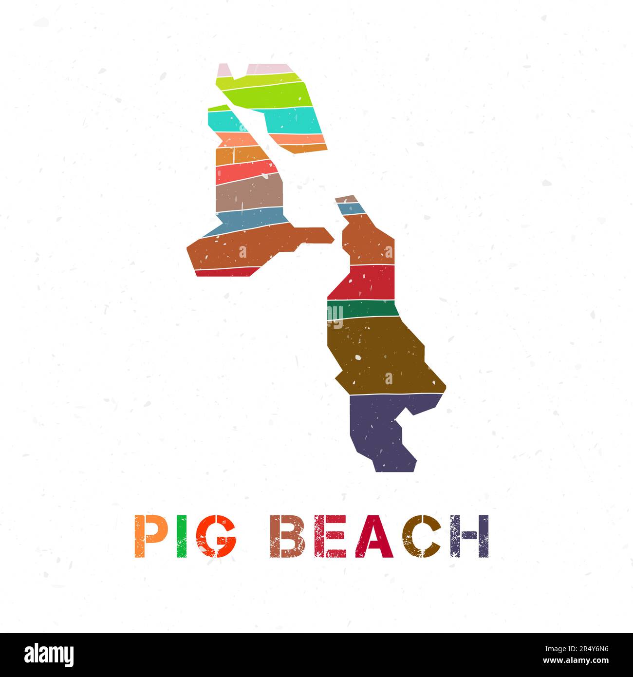 Disegno mappa di Pig Beach. Forma dell'isola con belle onde geometriche e texture grunge. Illustrazione vettoriale trendy. Illustrazione Vettoriale
