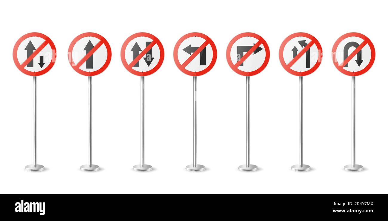 Vettore Rosso e Bianco rotonda divieto di traffico con icona freccia impostata isolato. Senso unico, senza marcia rettilinea, veicoli, virata, sorpasso, Inversione a U. Illustrazione Vettoriale