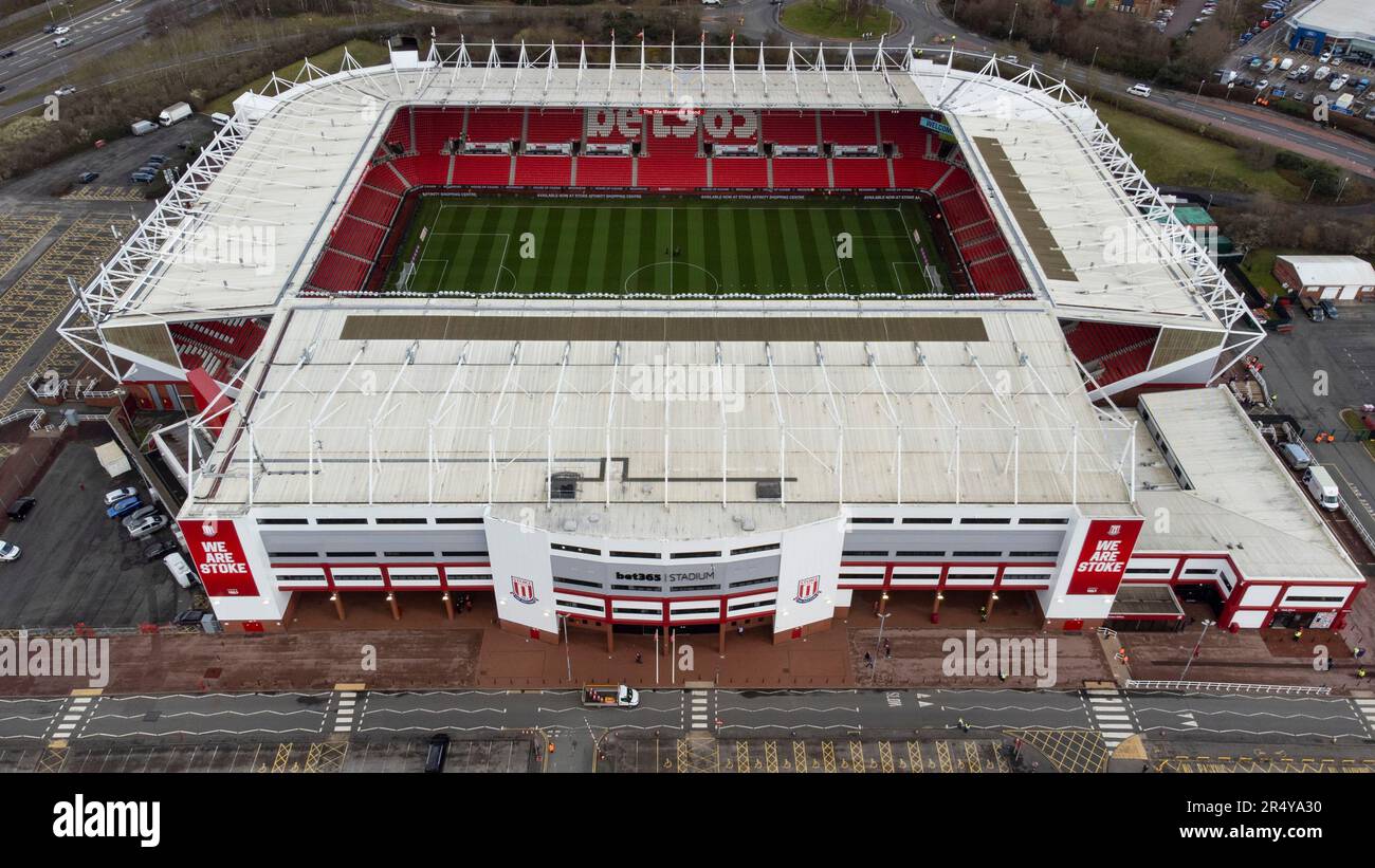 Vista aerea dello stadio Bet365, sede dello Stoke City FC. Il terreno è probabilmente meglio conosciuto come il Britannia Stadium Foto Stock