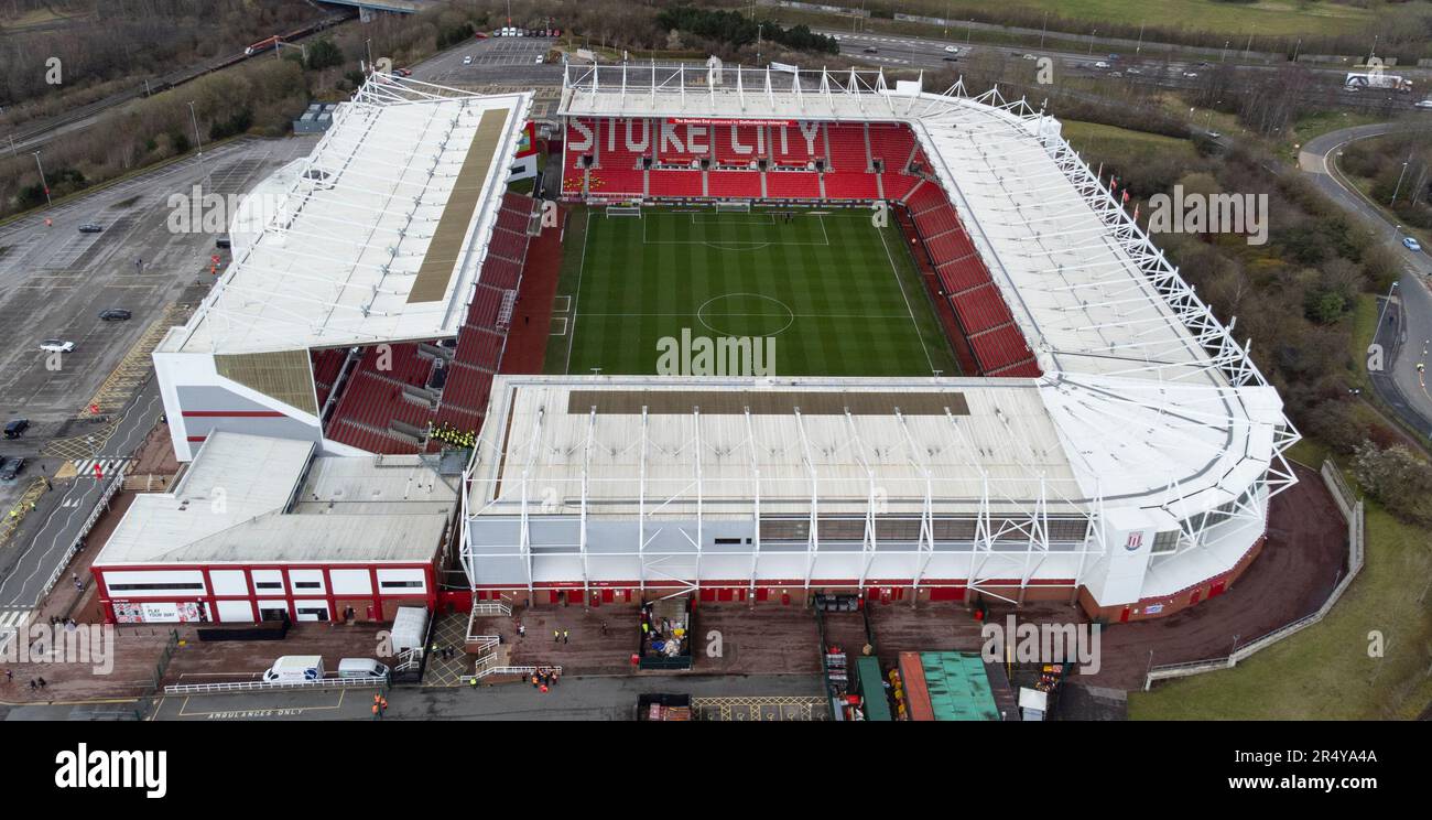 Vista aerea dello stadio Bet365, sede dello Stoke City FC. Il terreno è probabilmente meglio conosciuto come il Britannia Stadium Foto Stock