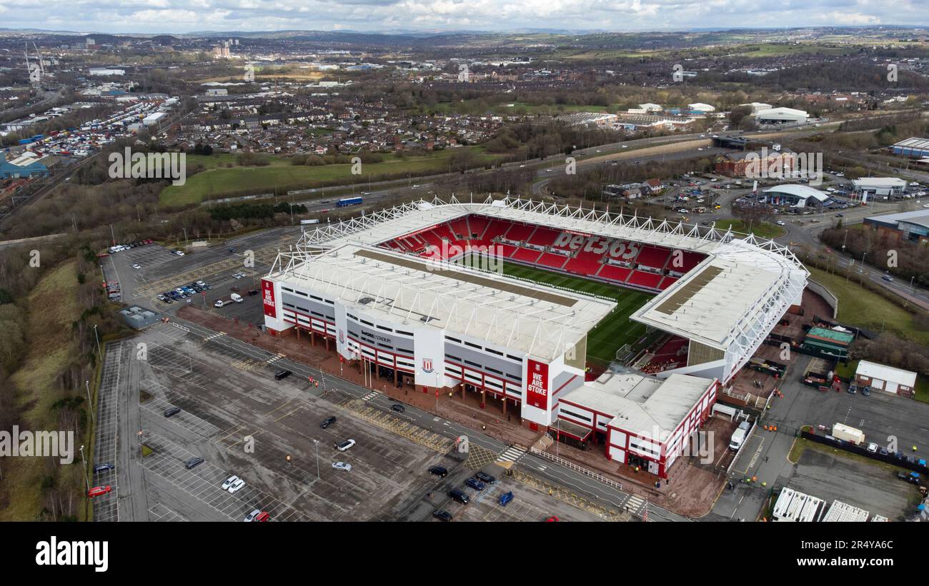 Vista aerea dello stadio Bet365, sede dello Stoke City FC. Il terreno è probabilmente meglio conosciuto come il Britannia Stadium Foto Stock