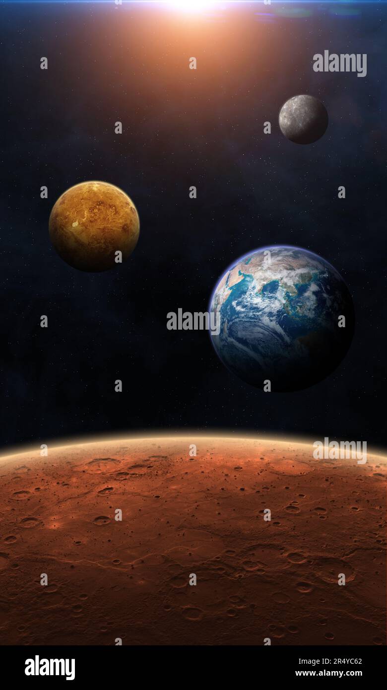 Vista del pianeta Marte dallo spazio. Pianeti del sistema solare: Marte, Terra, Venere, Mercurio. Pianeti terrestri. Elementi forniti dalla NASA. Foto Stock
