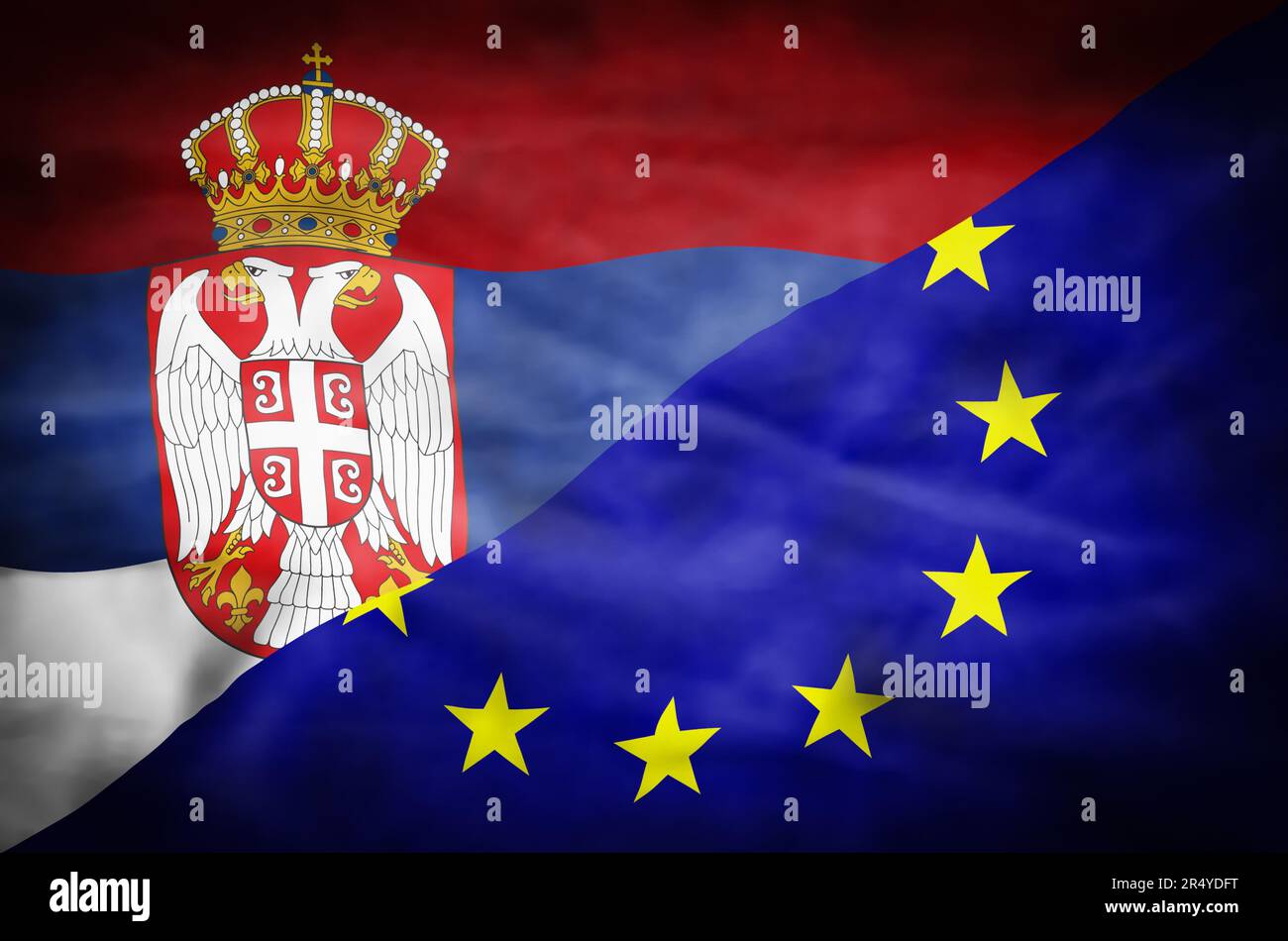 Serbia e Unione europea bandiera misti. Bandiera ondulata di Serbia e Unione europea riempie il fotogramma. Foto Stock