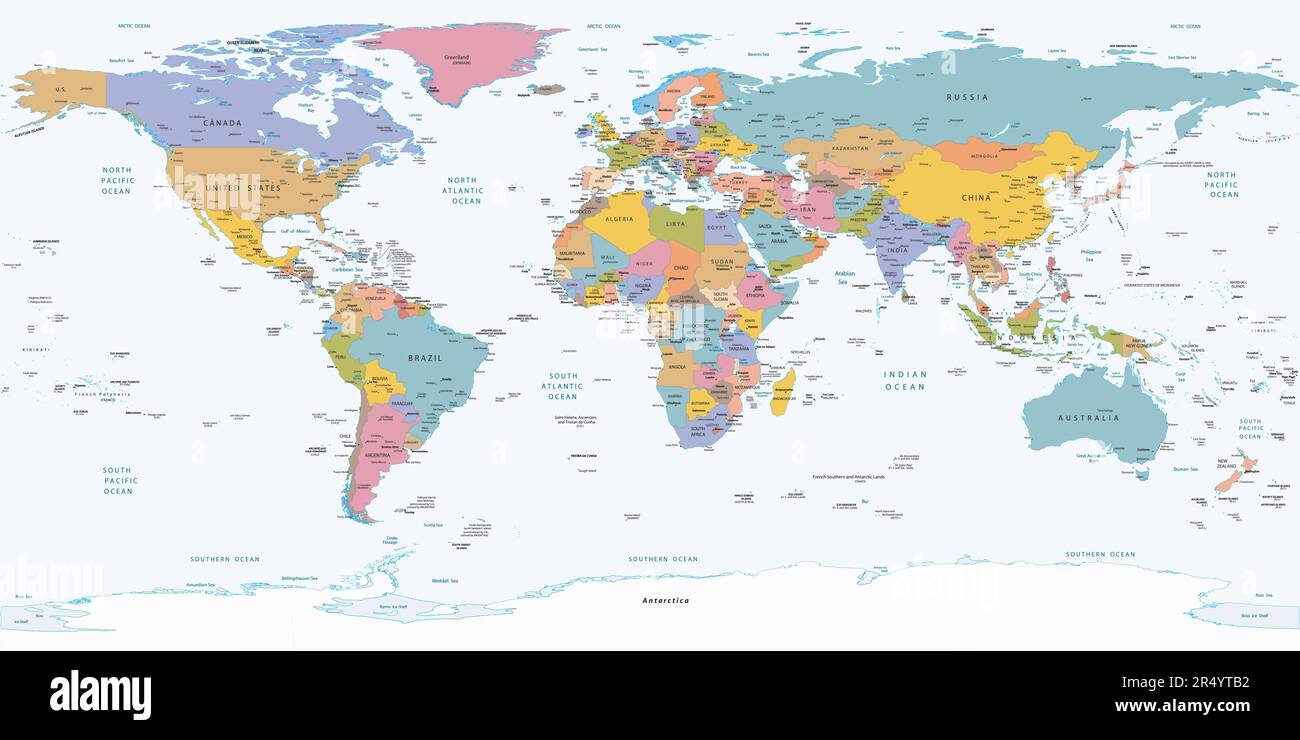 Mappa del mondo semplice politico proiezione equirettangolare Illustrazione Vettoriale