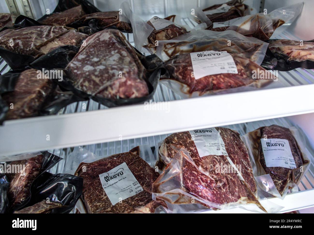 PRODUZIONE - 25 maggio 2023, Meclemburgo-Pomerania occidentale, Groß Wokern: Tagli congelati di carne di bovini giapponesi Wagyu si trovano in un frigorifero nel negozio della famiglia Feldmann. Grazie al suo grasso intramuscolare, la carne dell'animale è considerata nobile ed è popolare nei ristoranti di lusso. Feldmanns allevano il proprio bestiame Wagyu nel Meclemburgo Svizzera dal 2016. Dei 200 bovini che si trovano su 150 ettari di prati in estate, da 30 a 40 animali sarebbero commercializzati. (A dpa-Korr: 'Wagyu bovini in nicchia - l'inflazione ammorbidisce la crescita') Foto: Jens Büttner/dpa Foto Stock