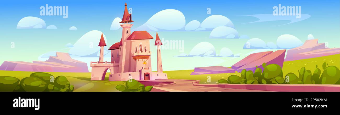 Cartone animato fiaba medievale castello vettore regno paesaggio sfondo. Percorso per l'illustrazione del gioco di fantasia fiabesca palazzo principessa. Strada per magici castelli nobiliari con porta e torre in verde valle Illustrazione Vettoriale