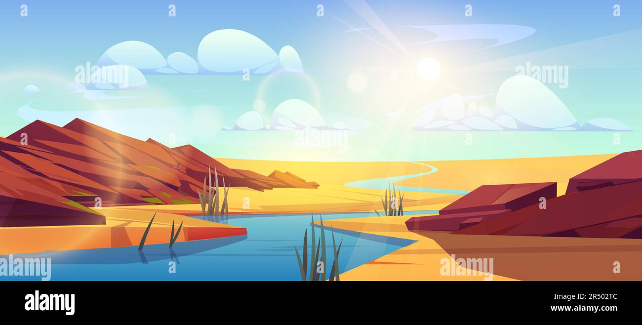 Fiume che scorre attraverso il deserto del Sahara. Cartoni animati vettoriali illustrazione di dune di sabbia calda paesaggio, pietre in riva al mare, piante verdi che crescono vicino all'acqua, luce del sole che flaring in aria, cielo blu con nuvole bianche Illustrazione Vettoriale