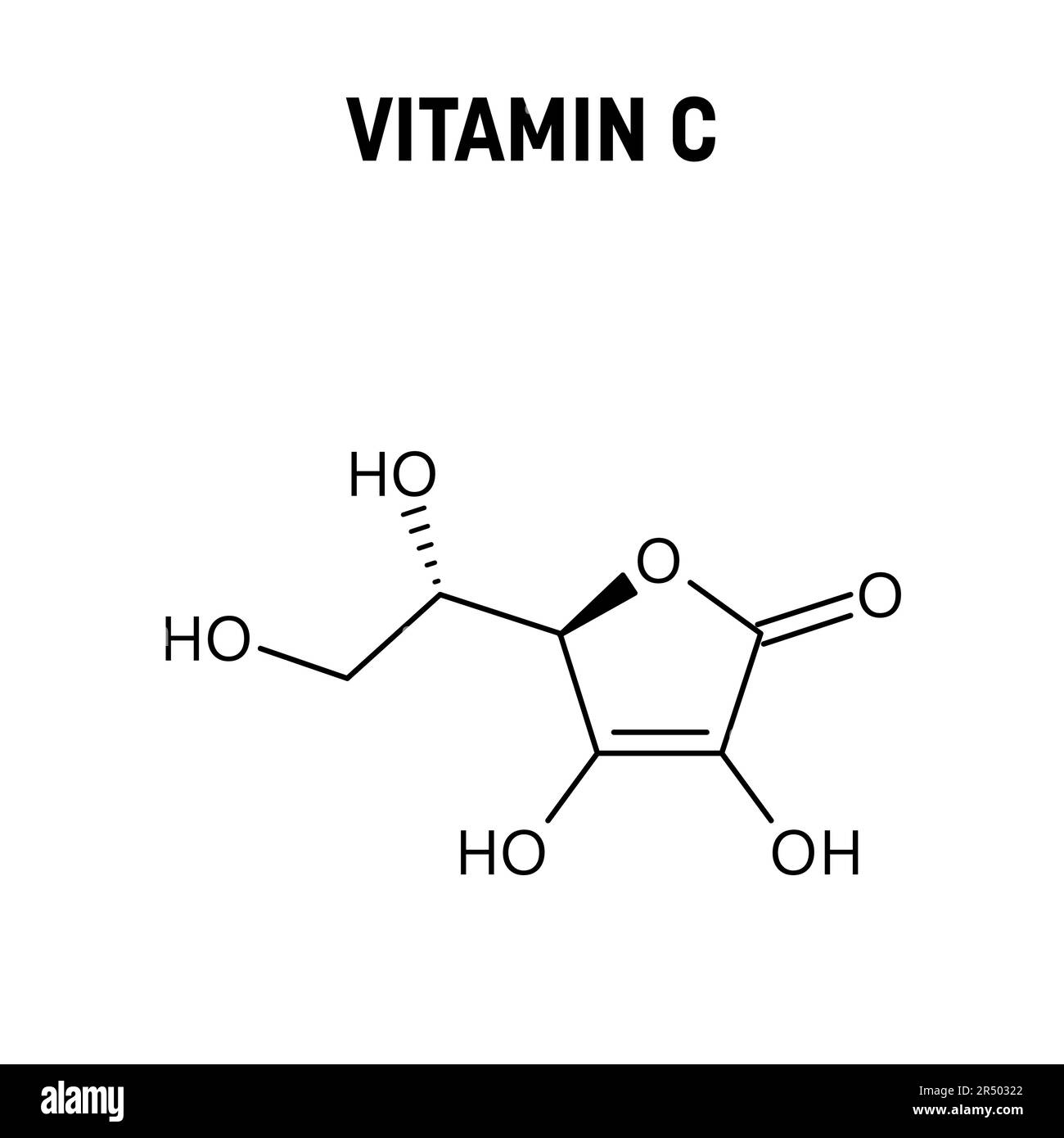 Struttura molecolare della vitamina C. Vitamina C, acido ascorbico o ascorbato, presente nella frutta e nella verdura. Formula strutturale vettoriale del composto chimico. Illustrazione Vettoriale