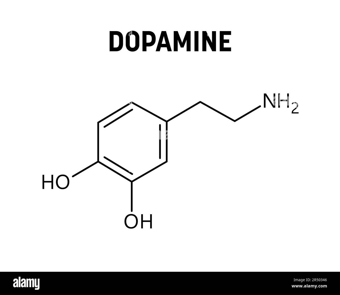 Struttura molecolare della dopamina. La dopamina è un neurotrasmettitore con un ruolo importante nel corpo umano. Formula strutturale vettoriale del composto chimico. Illustrazione Vettoriale