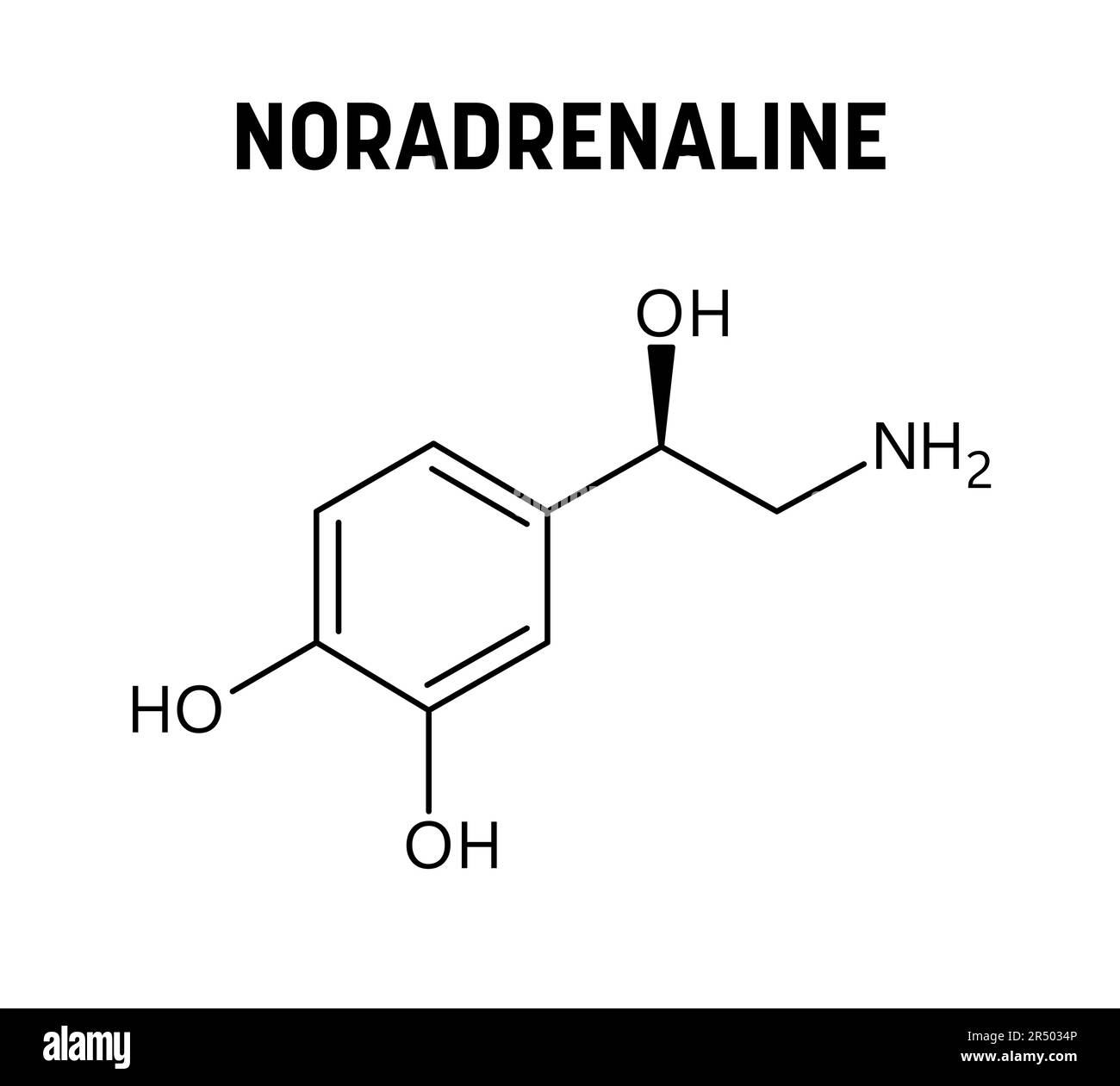 Struttura molecolare noradrenalina. La noradrenalina, o norepinefrina, è un neurotrasmettitore e un ormone nel corpo umano. Formula strutturale vettoriale del composto chimico. Illustrazione Vettoriale