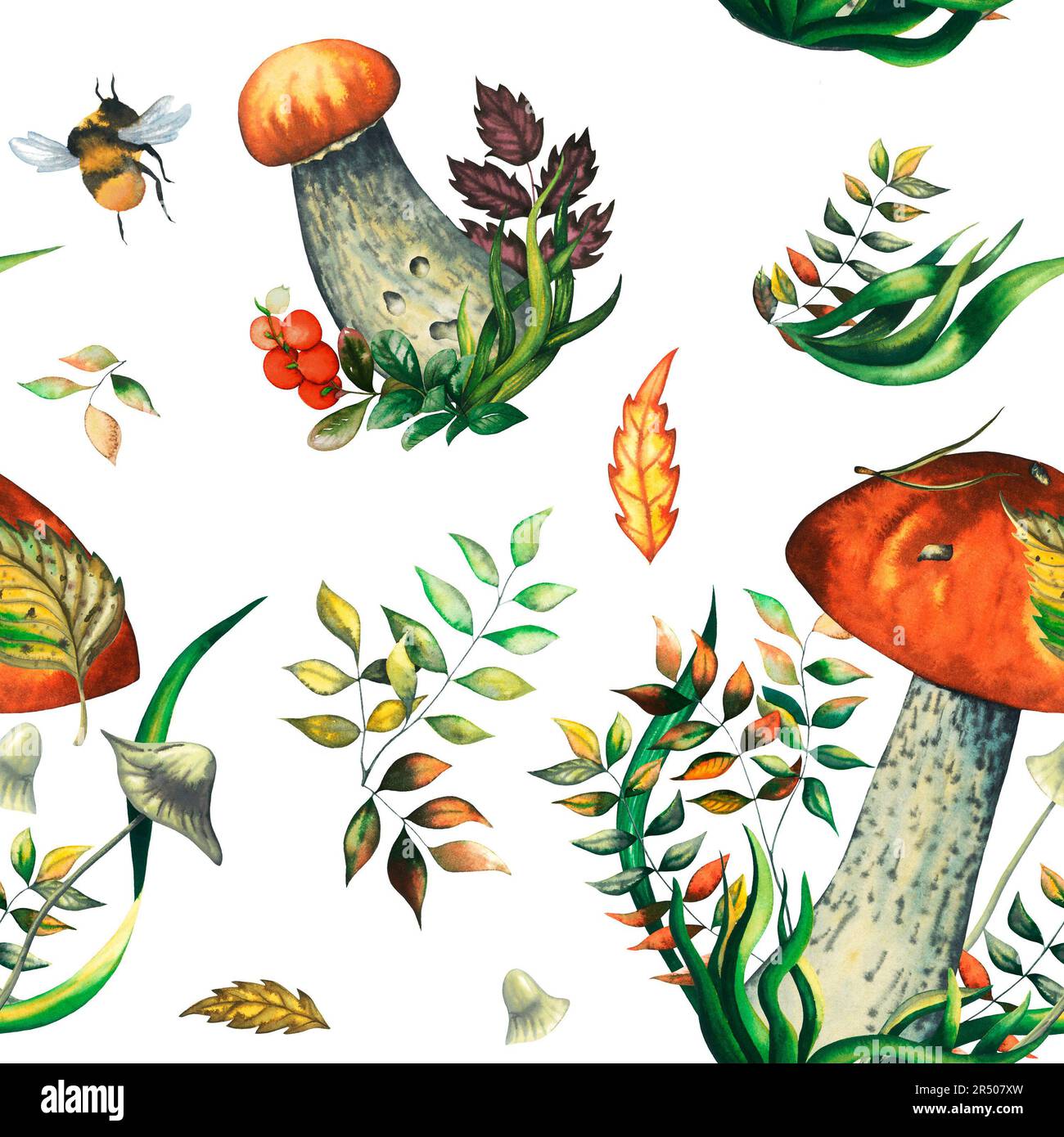 Senza cuciture motivo acquerello di funghi rossi selvatici con foglie, ago di pino, bumblebee, mirtilli. Illustrazione isolata disegnata a mano su bianco Foto Stock