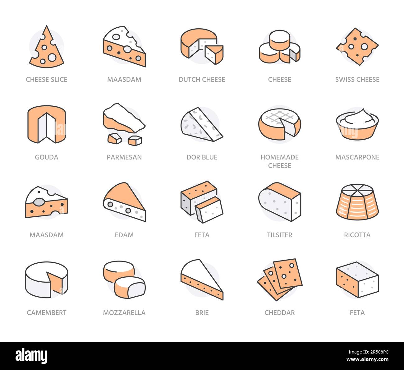 Set icone linea piatta formaggio. Parmigiano, mozzarella, yogurt, olandese, ricotta, burro, gouda pezzi illustrazioni vettoriali. Delineare i segni per il prodotto lattiero-caseario Illustrazione Vettoriale