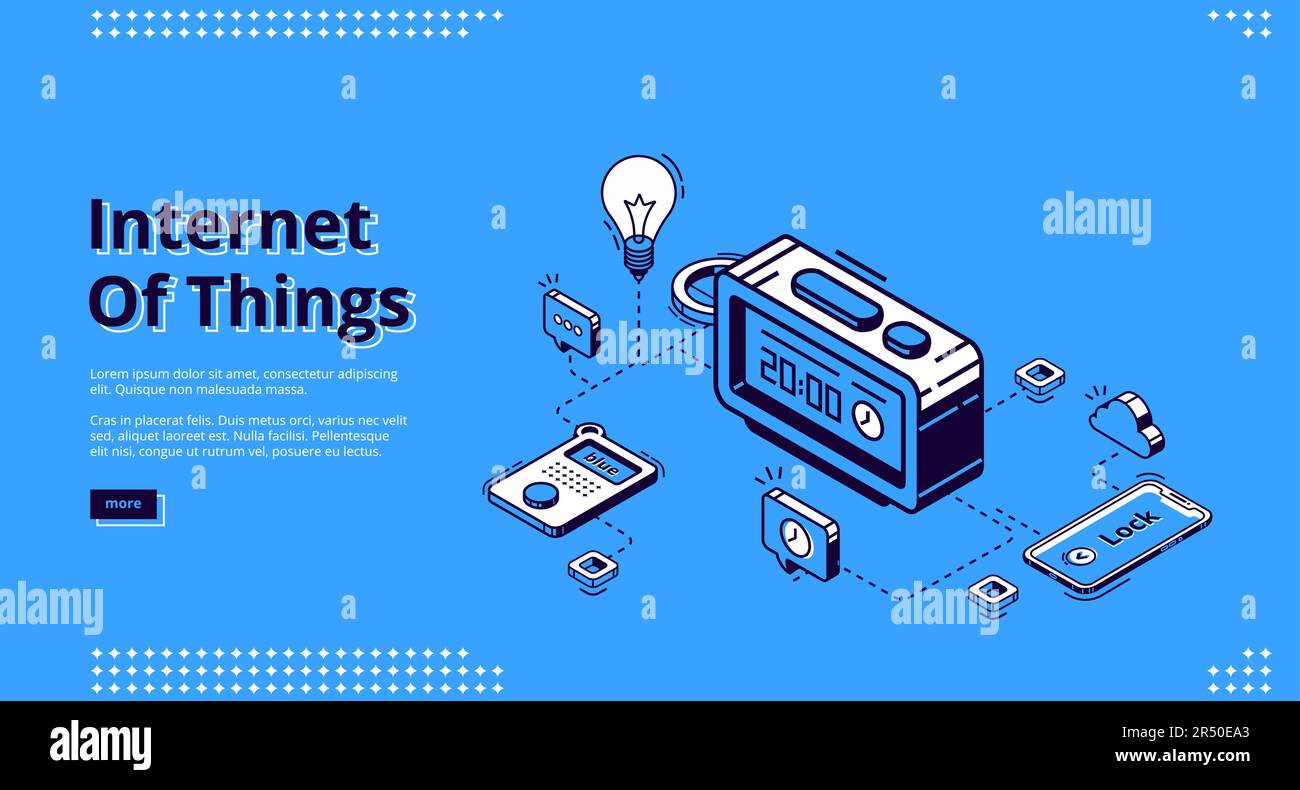 Banner Internet delle cose. Tecnologia IoT del concetto di casa intelligente. Landing page vettoriale del sistema di controllo casa con icone isometriche di orologio digitale interconnesso, smartphone e lampada elettrica Illustrazione Vettoriale