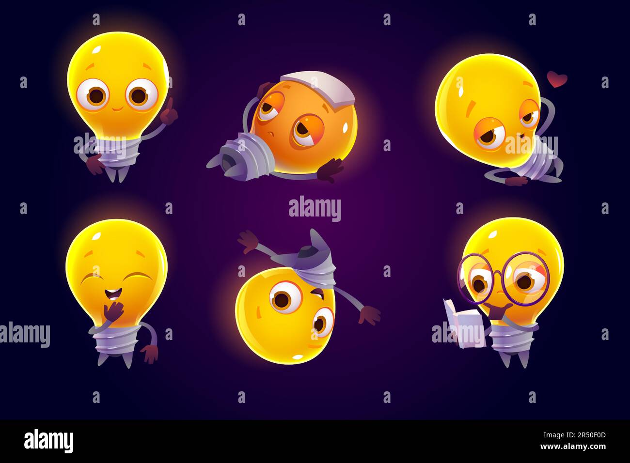 Carino carattere lampadina in diverse posizioni. Vettore set di fumetti chat bot, divertente lampada si alza dito, sente mal di testa, flirts, ride e leggere il libro. Set emoji creativo, mascotte intelligente Illustrazione Vettoriale