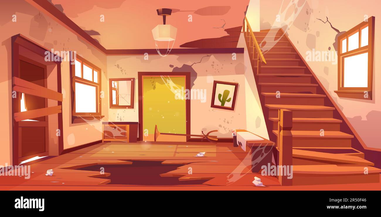 Vecchia casa abbandonata con disordine e mobili rotti di giorno. Vettore cartone animato interno di corridoio vuoto casa con pareti sporche, a bordo porta, spazzatura, rotto scala di legno e crepa nel pavimento Illustrazione Vettoriale