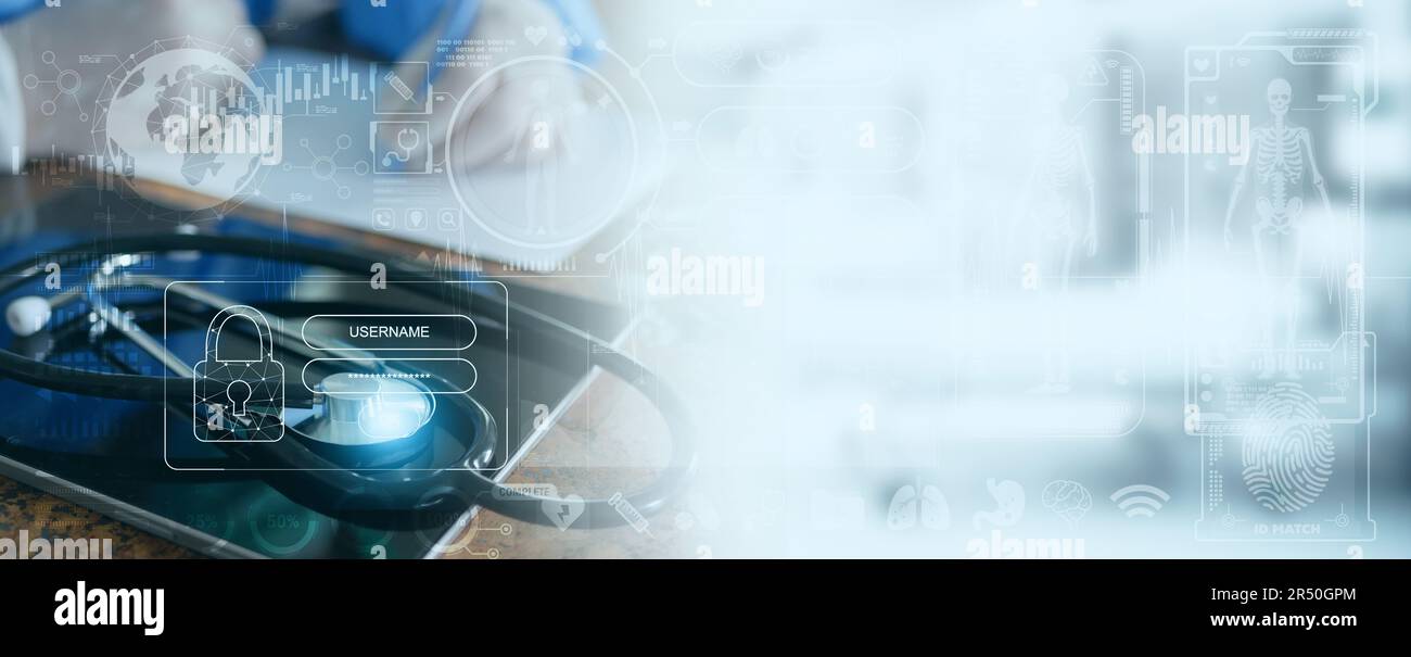 Dati medici e informazioni sanitarie. Uno stetoscopio su un tablet con un medico che lavora su una cartella clinica dei pazienti. Richiesta nome utente e password Foto Stock