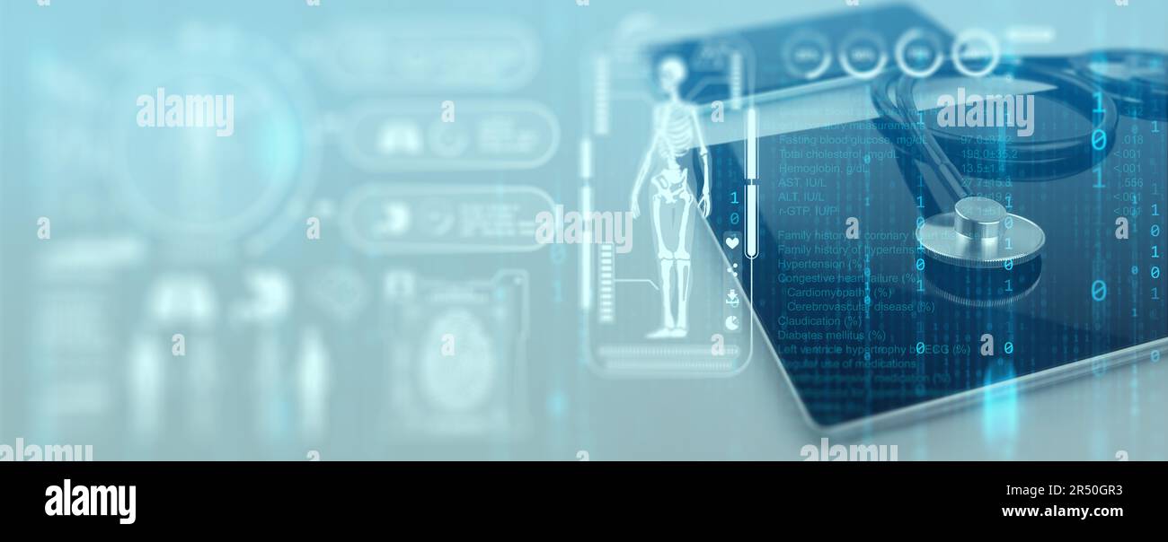 Concetto di dati medici e informazioni sanitarie. Focalizzazione selettiva di uno stetoscopio su un tablet con cartella clinica digitale dei pazienti. Assistenza sanitaria digitale Foto Stock