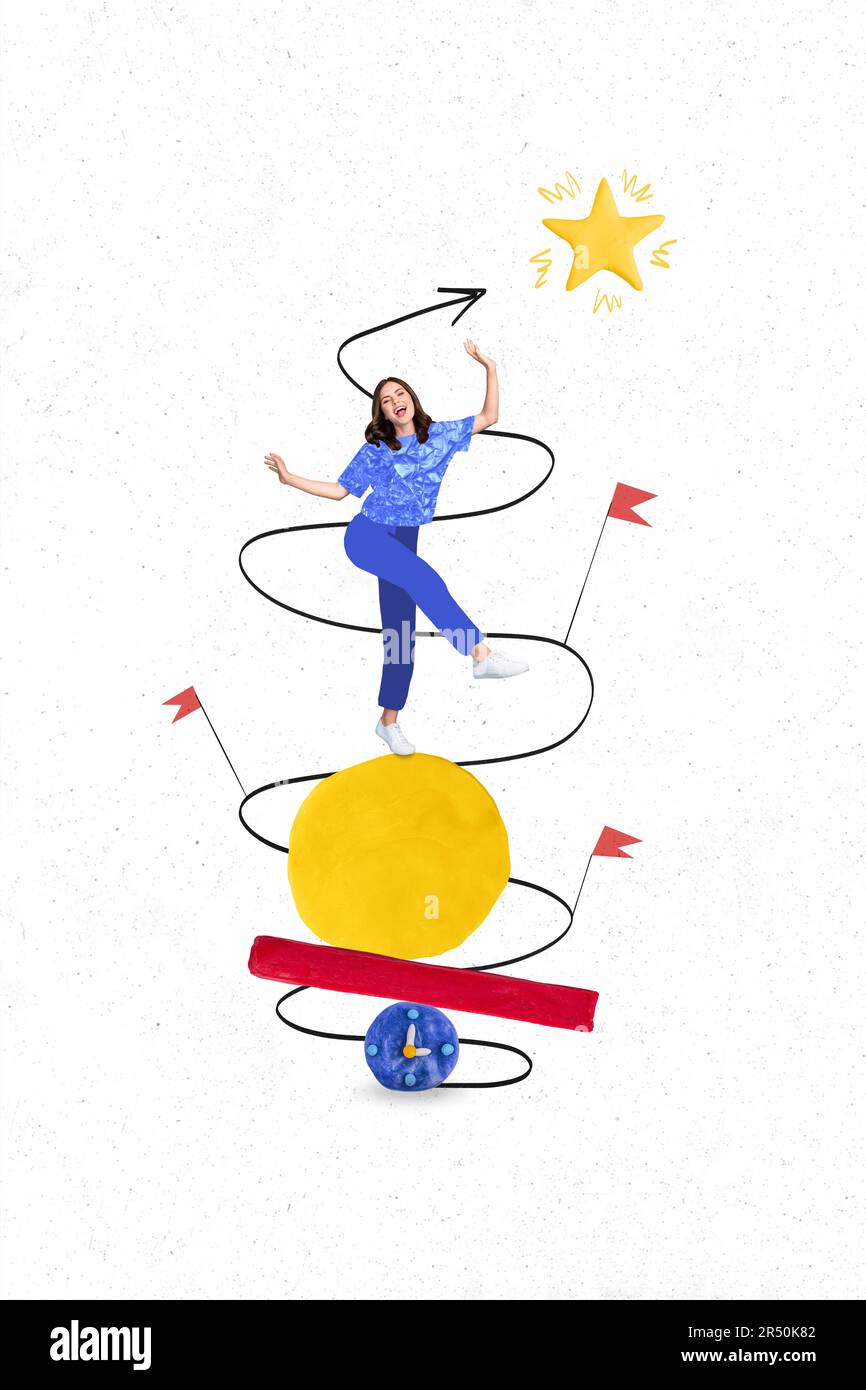 Collage modello di immagine di donna ispirata eccitato hanno business plan rischioso equilibrio raggiungere successo obiettivo fortunato stella Foto Stock