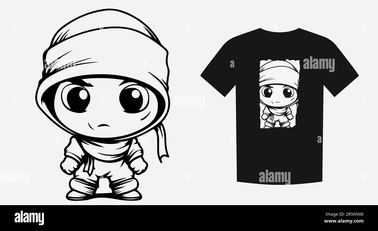 Accattivante cartone animato monocromatico di un simpatico e triste bambino ninja. Perfetto per stampe, camicie e loghi. Espressivo e giocoso. Illustrazione vettoriale. Illustrazione Vettoriale