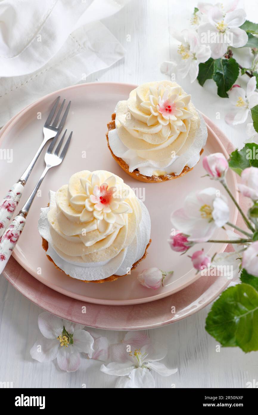 Tartelletta con meringa e panna montata Foto Stock