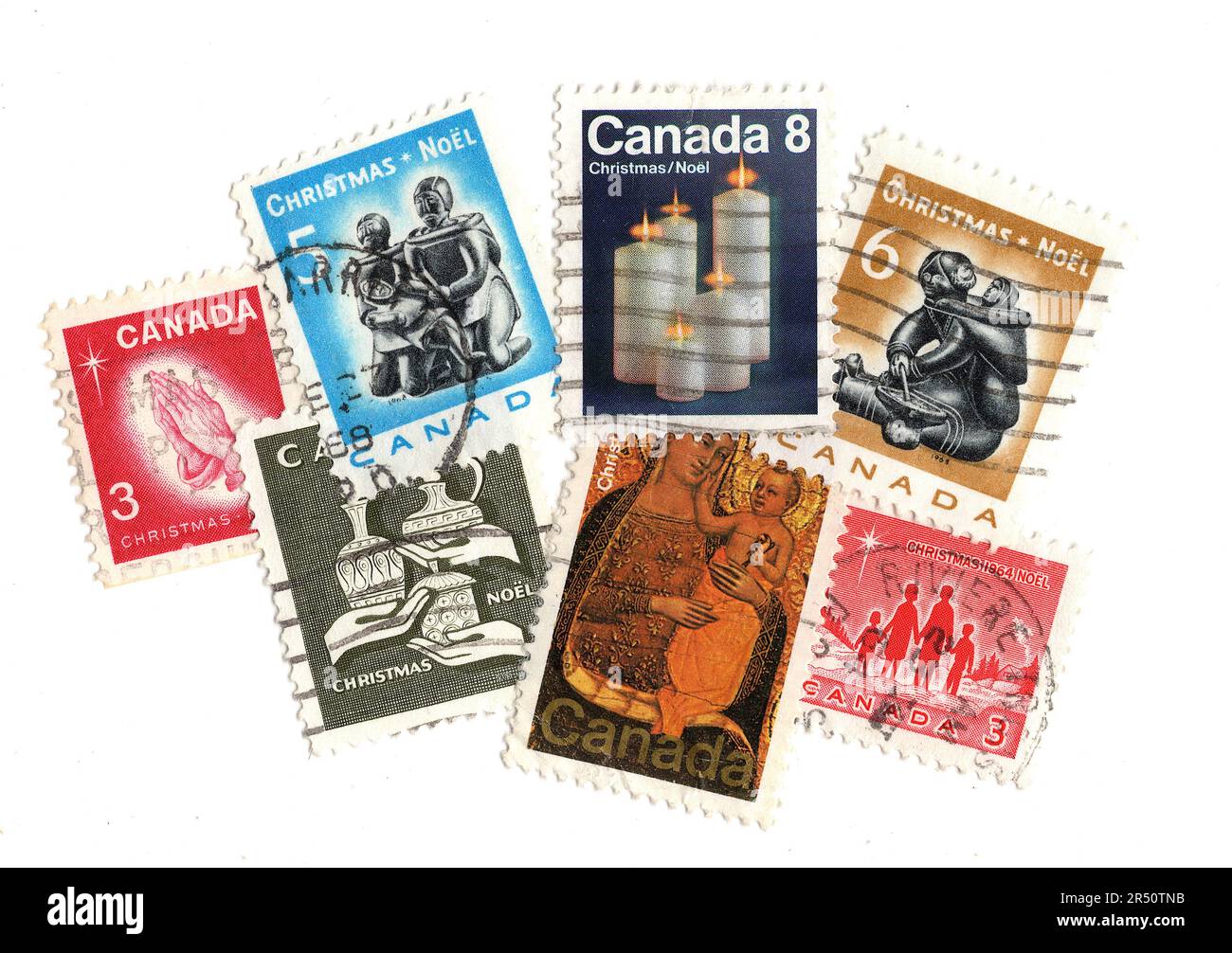 Francobolli vintage dal Canada con Natale isolato su uno sfondo bianco. Foto Stock