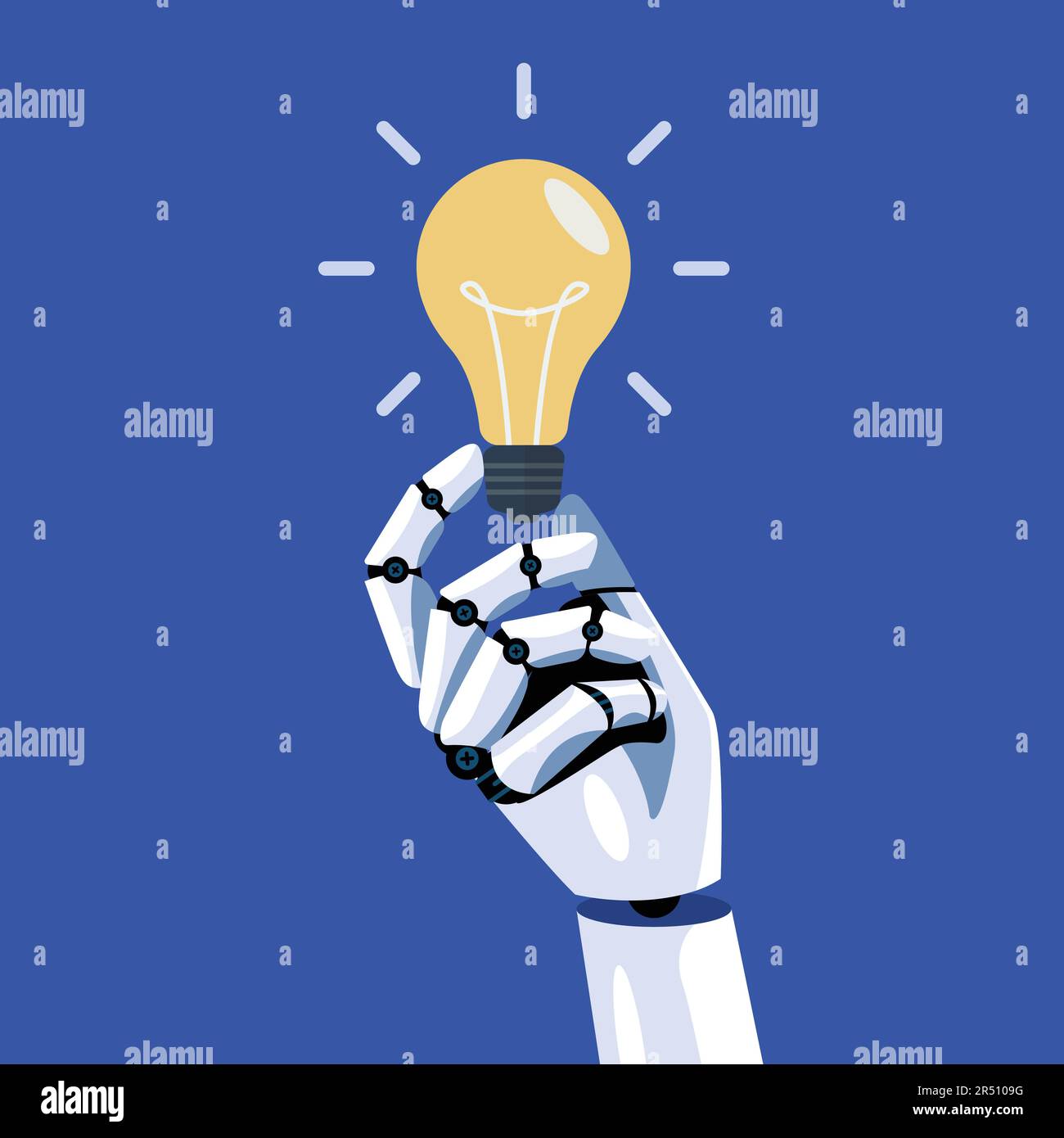 La mano del robot sta tenendo l'idea della lampadina. Concetto di apprendimento automatico. Intelligenza artificiale. Illustrazione vettoriale Illustrazione Vettoriale