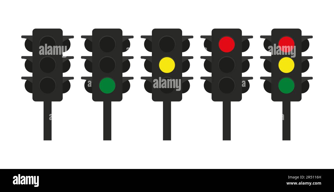 Segnali stradali o semafori che controllano il flusso dei veicoli con luci rosse, gialle e verdi. Segnale traffico, semaforo, segnaletica, int Illustrazione Vettoriale