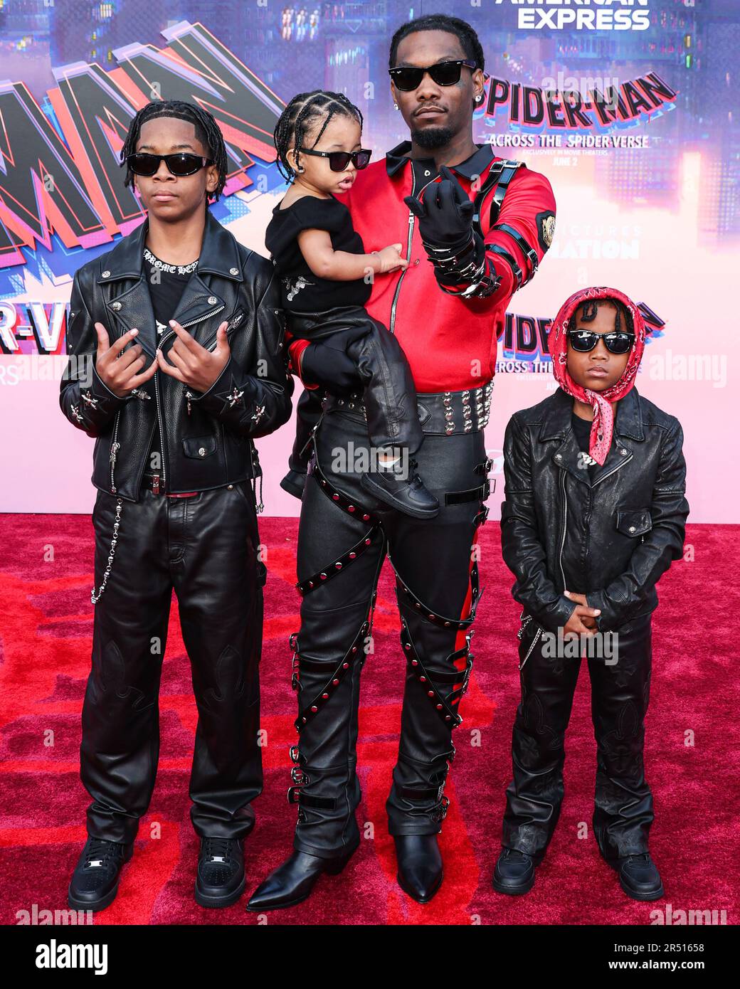 WESTWOOD, LOS ANGELES, CALIFORNIA, USA - 30 MAGGIO: Jordan Cephus, Wave Set Cephus, Offset e Kody Cephus arrivano alla prima mondiale di "Spider-Man: Across the Spider Verse" di Sony Pictures Animation tenutasi il 30 maggio 2023 a Westwood, Los Angeles, California, Stati Uniti. (Foto di Xavier Collin/Image Press Agency) Foto Stock