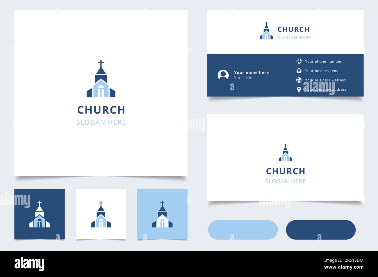 Logo della chiesa con slogan modificabile. Libro di branding e modello biglietto da visita. Illustrazione Vettoriale