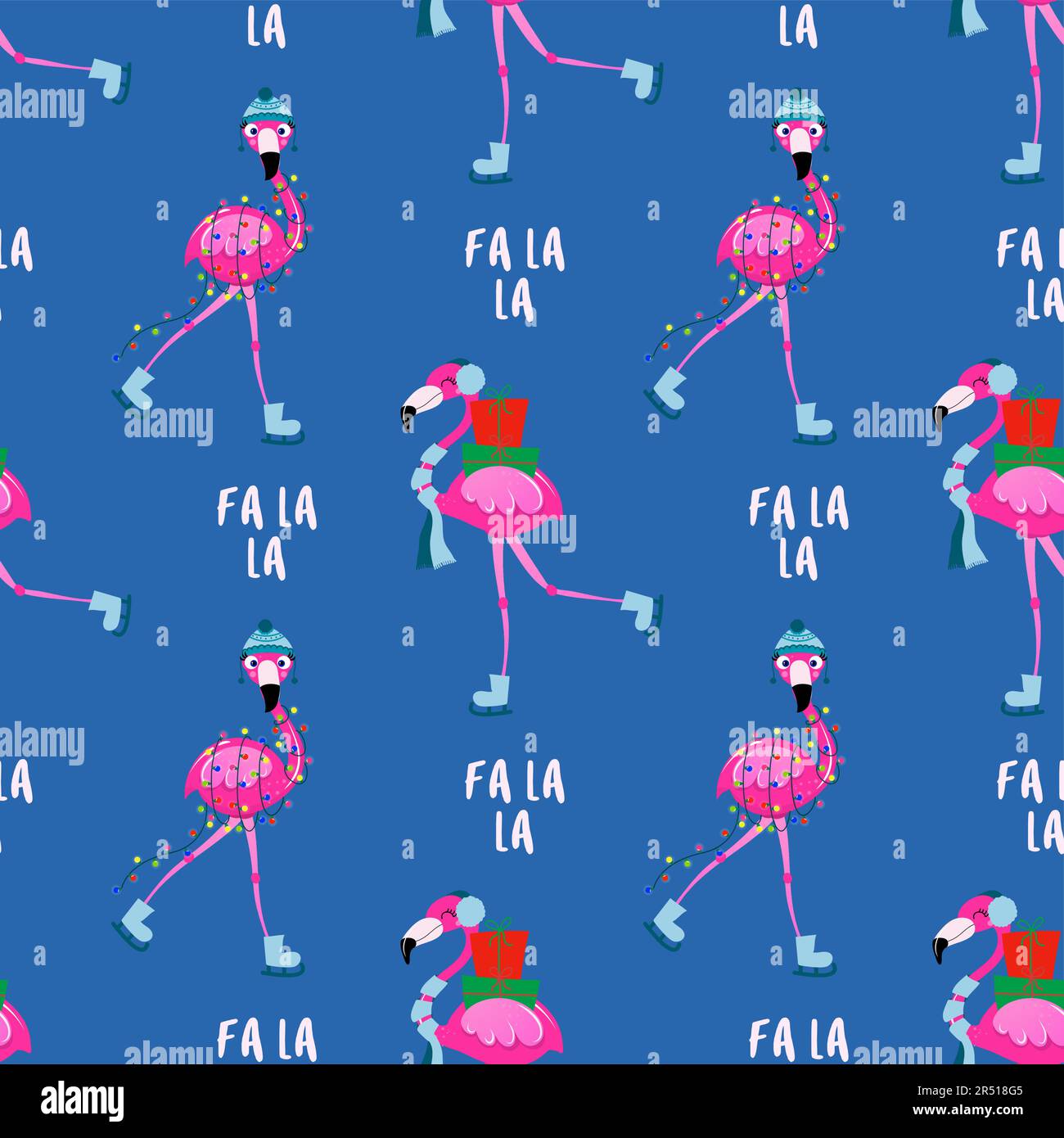 Cute Flamingo modello per Natale - adorabile fenicottero, cactus, palma illustrazione. Carta da parati disegnata a mano. Buono per tessuti, vivaio, carta da parati, Illustrazione Vettoriale