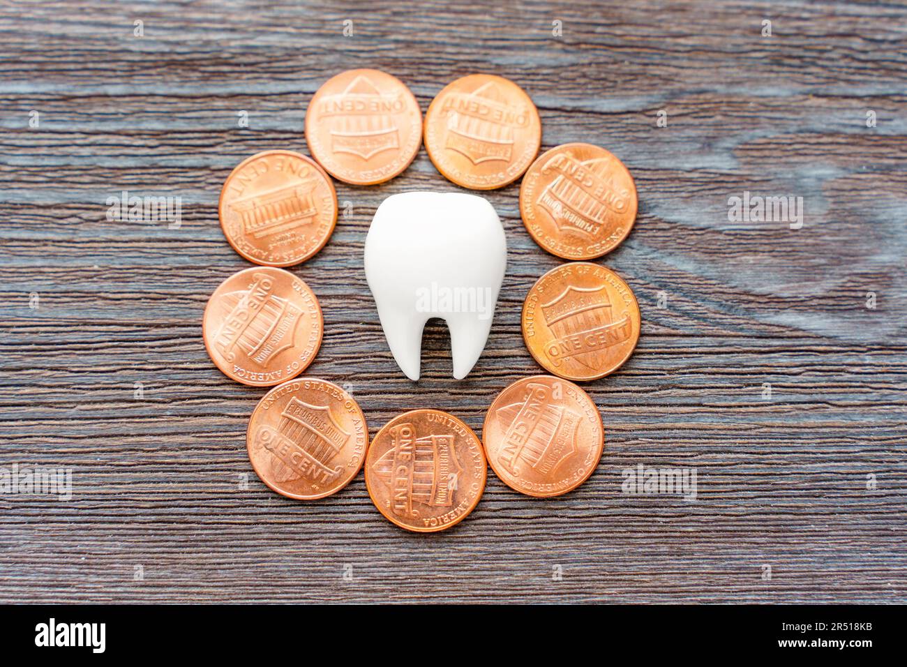 Сlose-up di un grande modello di dente umano bianco racchiuso in un cerchio fatto di monete da un centesimo su un tavolo di legno. Spese dentarie, cure dentarie, assicurazione, finan Foto Stock