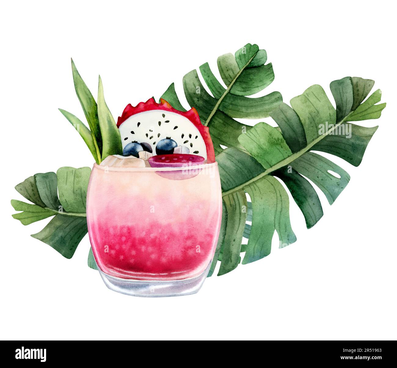 Limonata di cocktail di frutta tropicale con pitaya e foglie di palma verde illustrazione acquerello. Drink estivo fresco Foto Stock