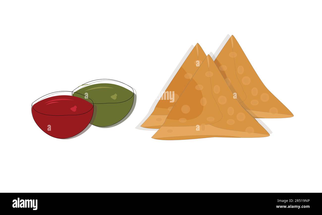 Samosa con salse chutney su sfondo bianco Illustrazione Vettoriale