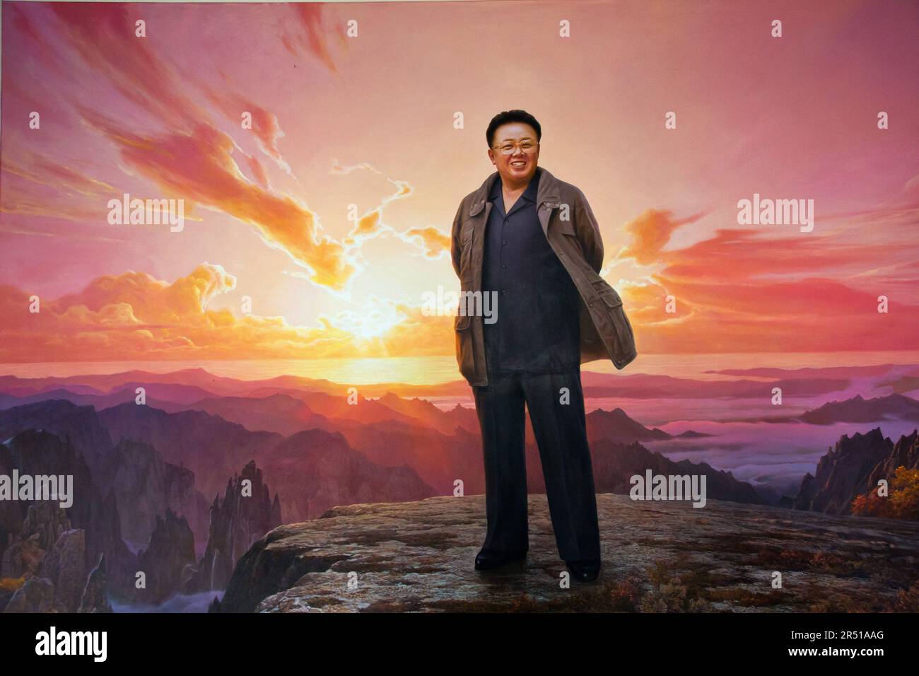 Immagine propagandistica di Kim il cantata a Pyongyang, Corea del Nord Foto Stock