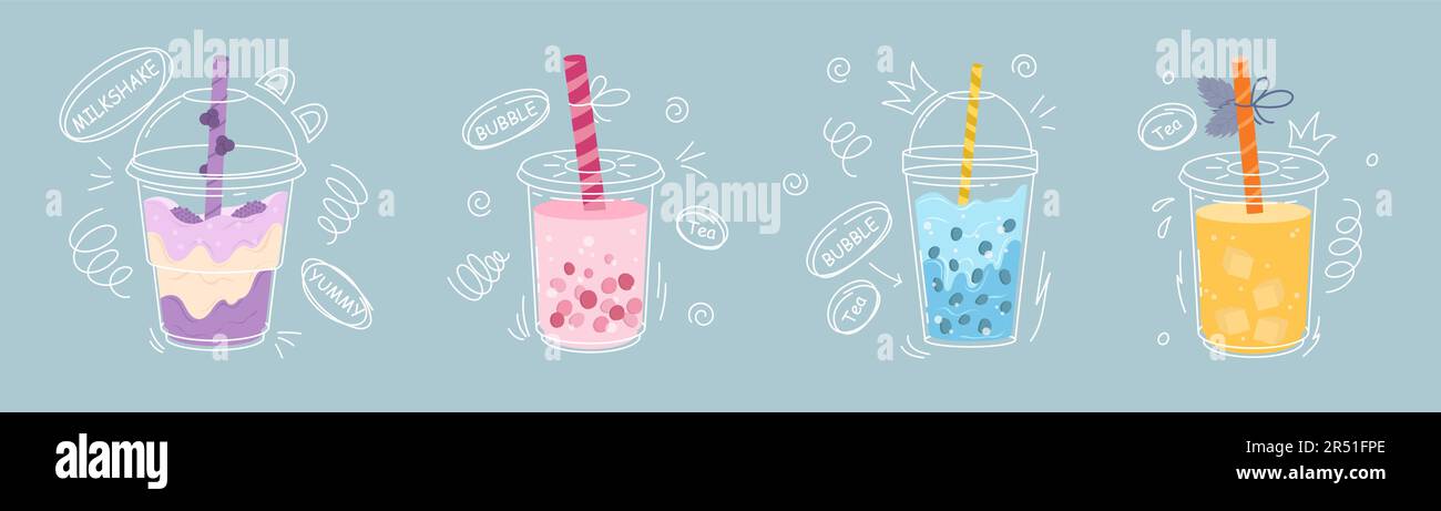 Set di quattro diversi tè a bolla. Illustrazione Vettoriale